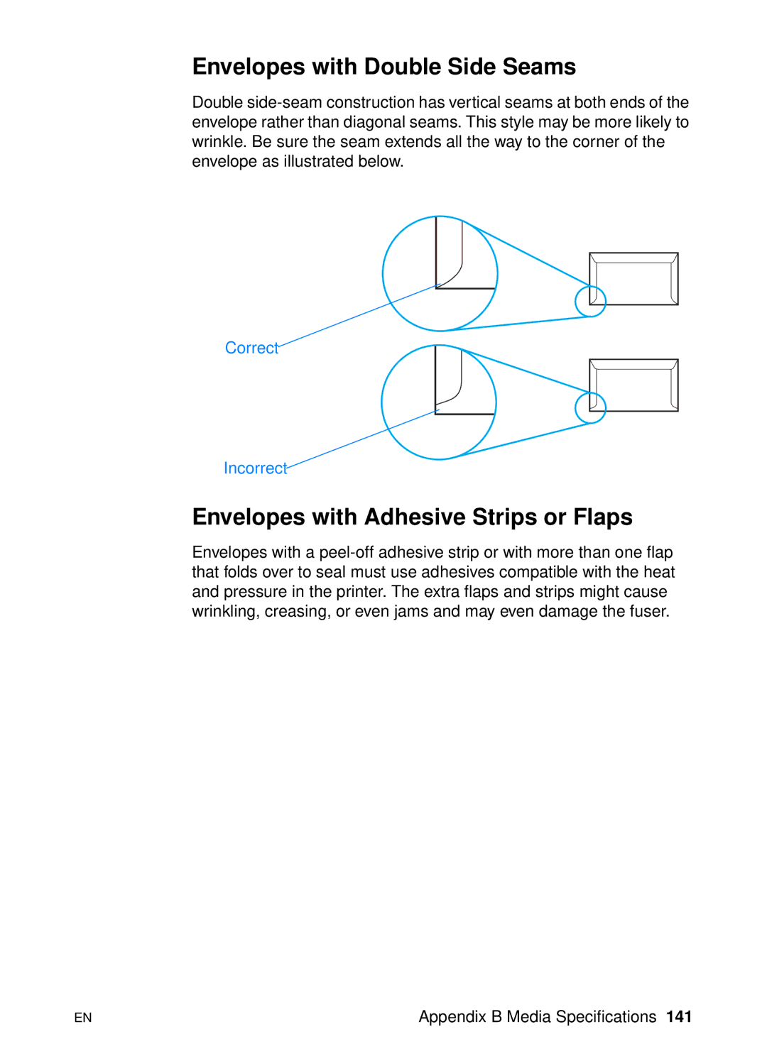 HP 2200 manual Envelopes with Double Side Seams, Envelopes with Adhesive Strips or Flaps 