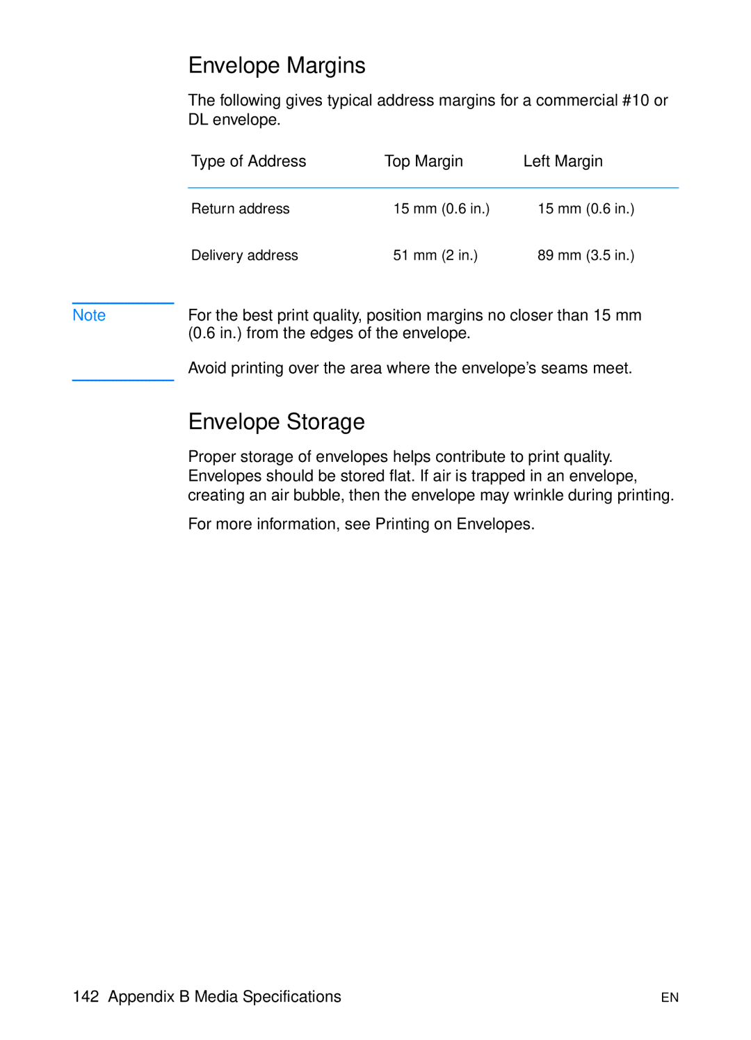 HP 2200 manual Envelope Margins, Envelope Storage, Type of Address Top Margin Left Margin 