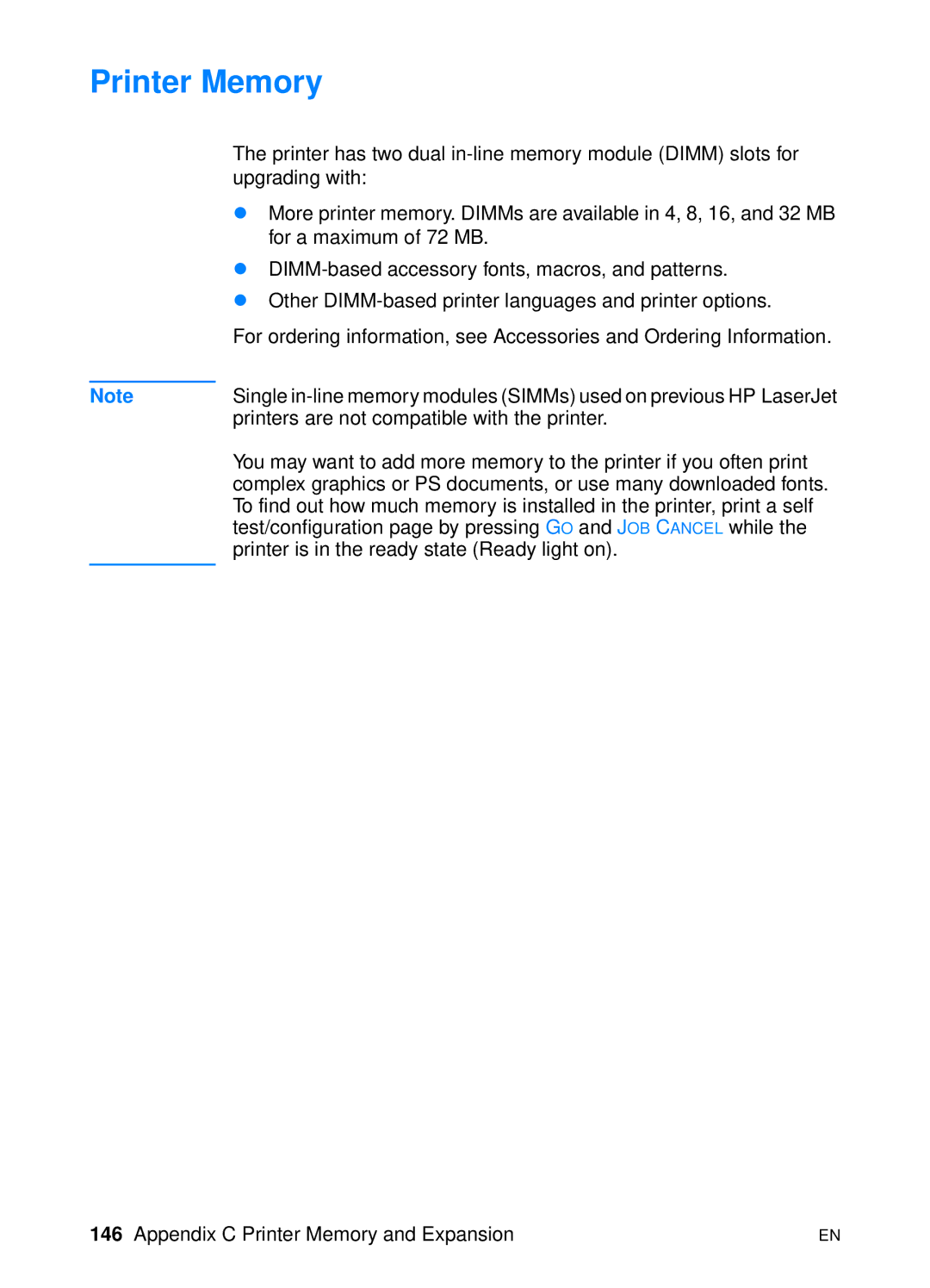 HP 2200 manual Printer Memory 