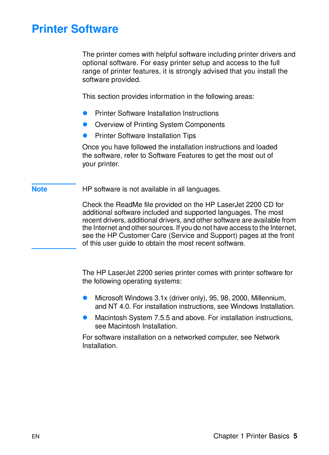 HP 2200 manual Printer Software 