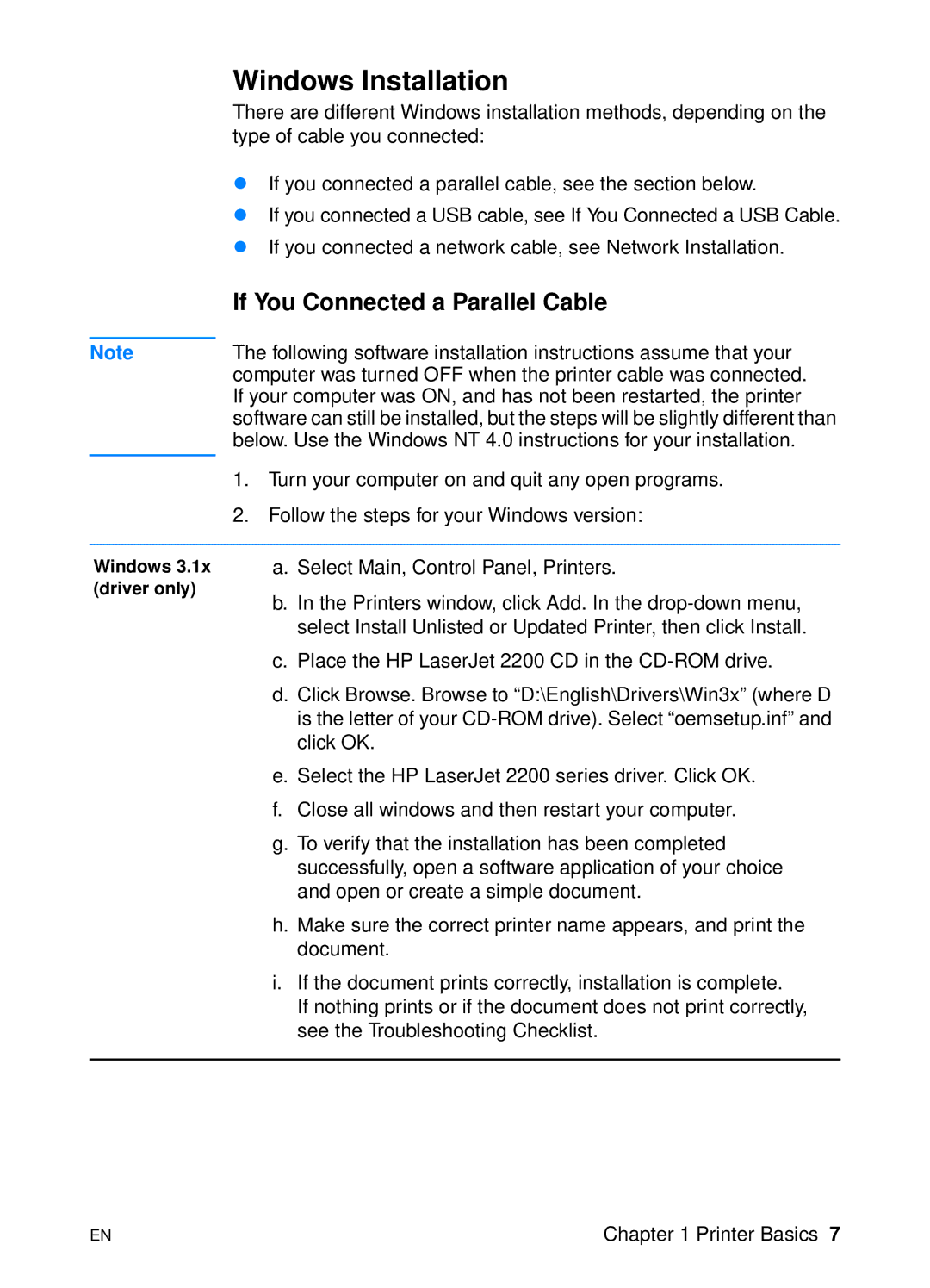 HP 2200 manual Windows Installation, If You Connected a Parallel Cable 