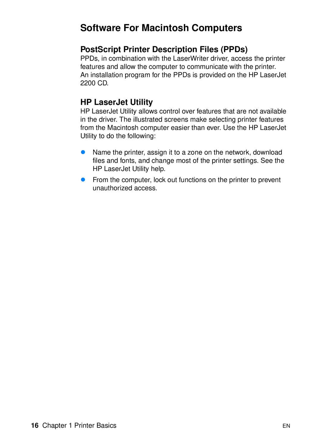 HP 2200 manual Software For Macintosh Computers, PostScript Printer Description Files PPDs, HP LaserJet Utility 