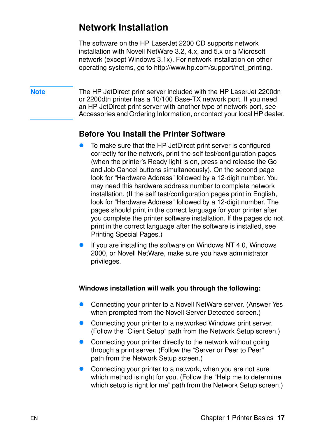 HP 2200 manual Network Installation, Before You Install the Printer Software 