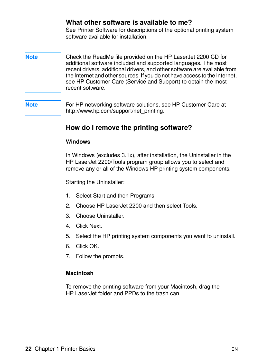 HP 2200 manual What other software is available to me?, How do I remove the printing software?, Windows, Macintosh 