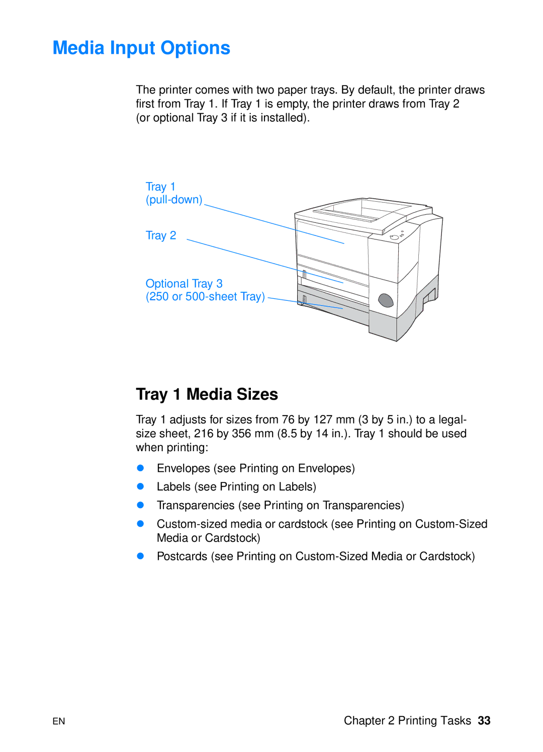 HP 2200 manual Media Input Options, Tray 1 Media Sizes 