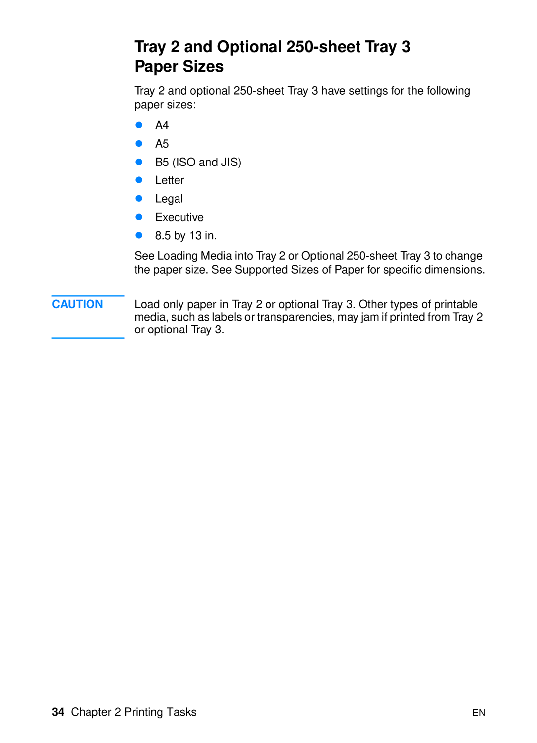 HP 2200 manual Tray 2 and Optional 250-sheet Tray Paper Sizes 