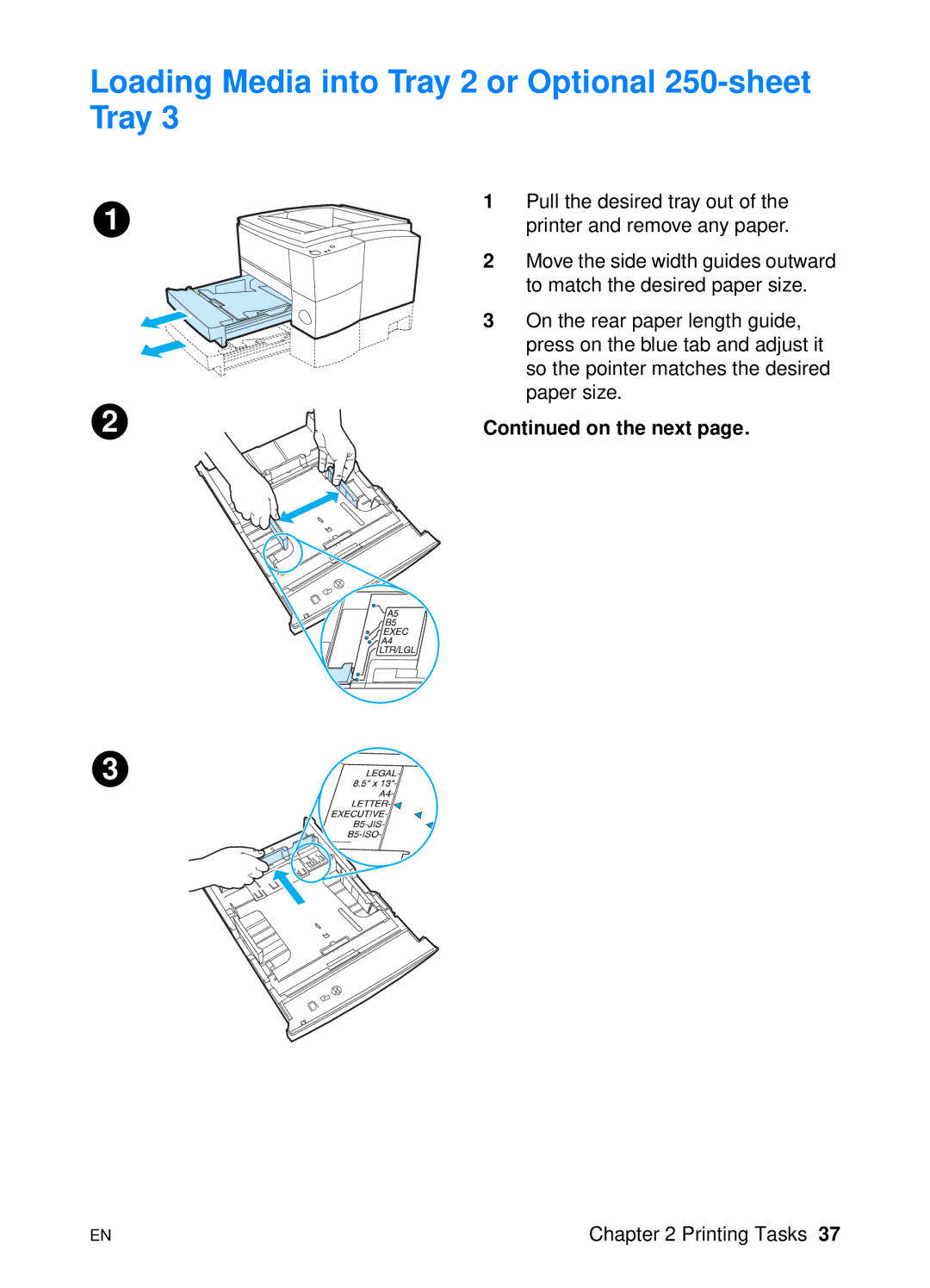 HP 2200 manual Loading Media into Tray 2 or Optional 250-sheet Tray, On the next 