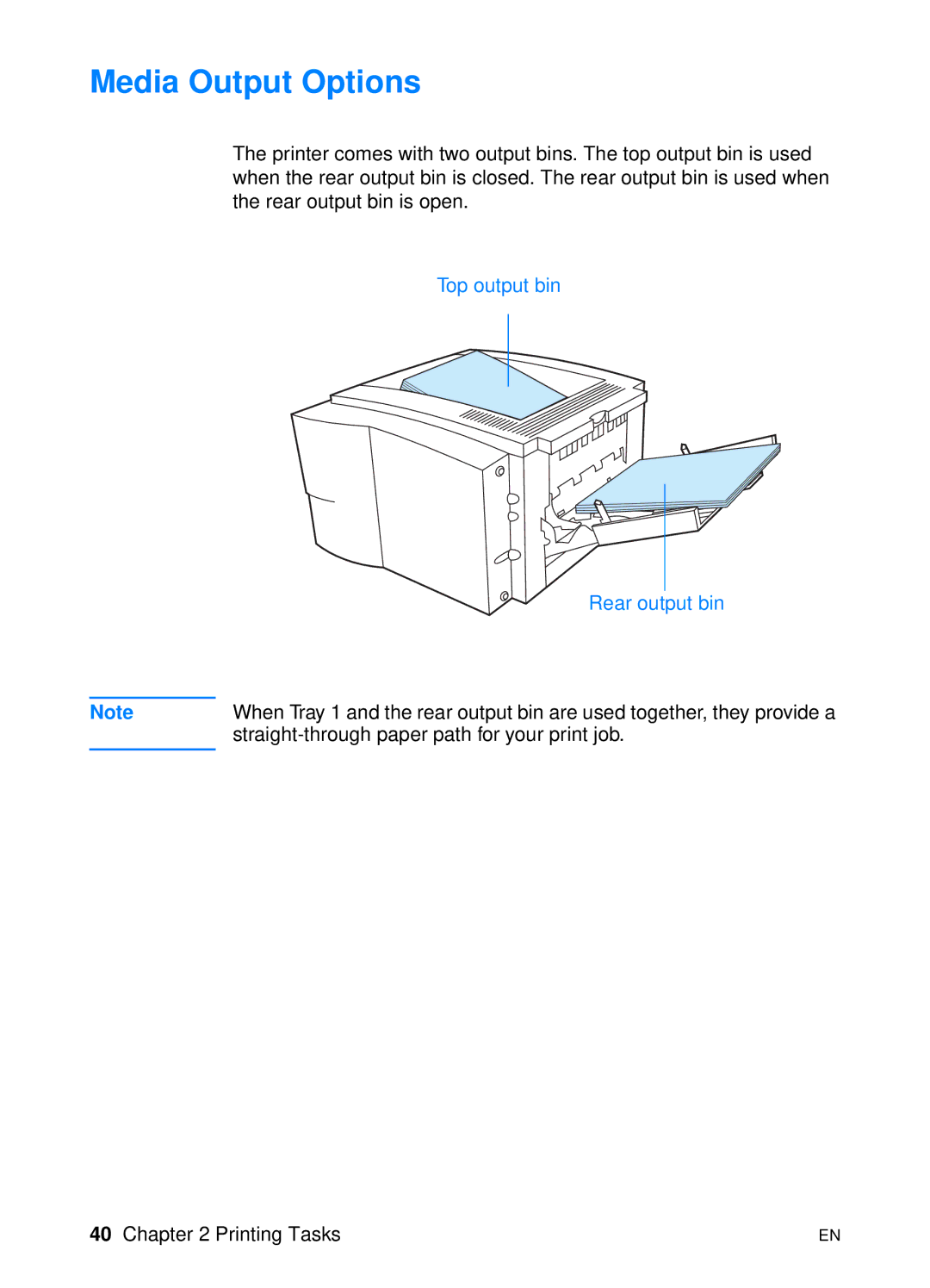 HP 2200 manual Media Output Options, Top output bin Rear output bin 