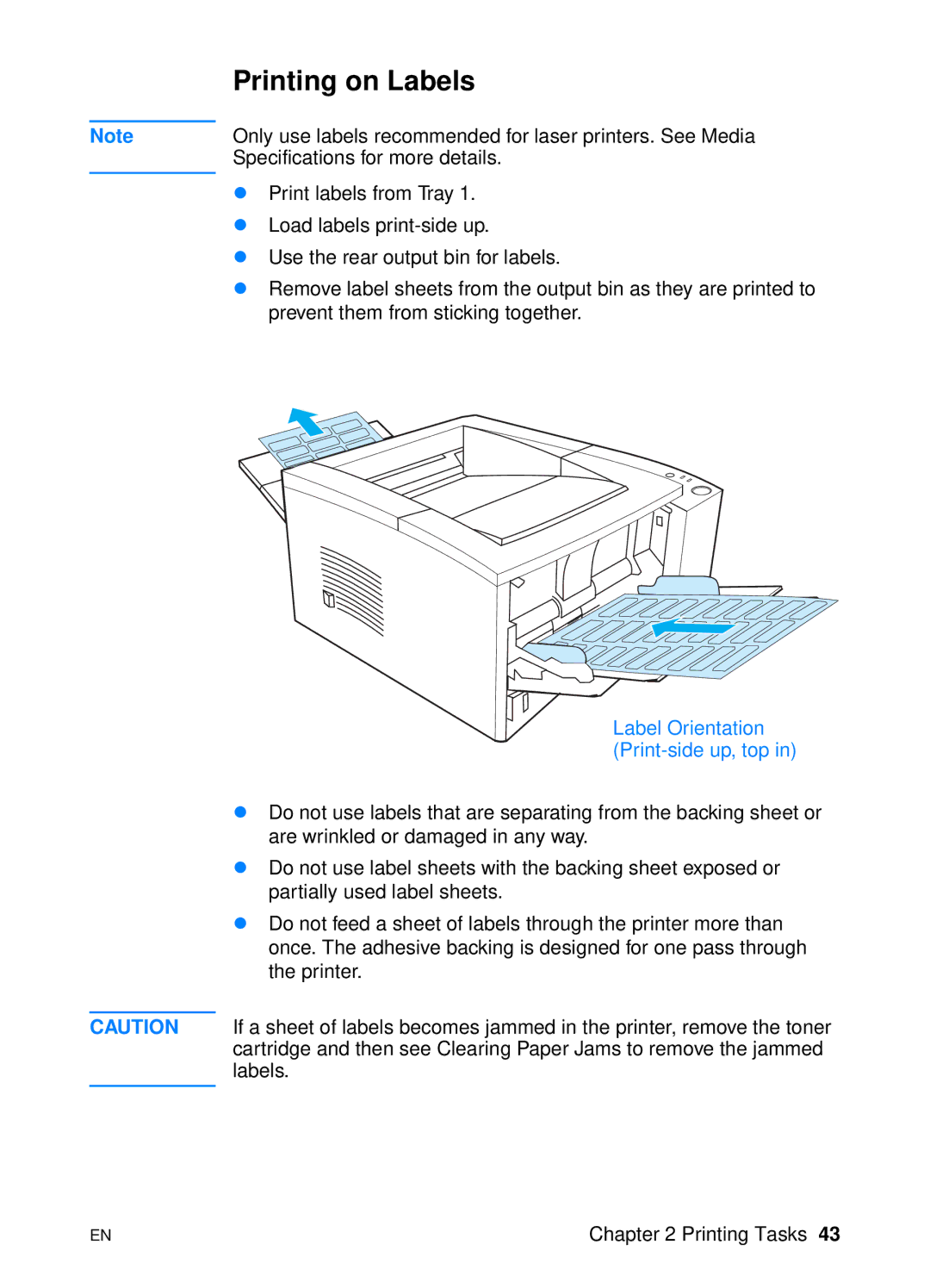 HP 2200 manual Printing on Labels, Label Orientation Print-side up, top 