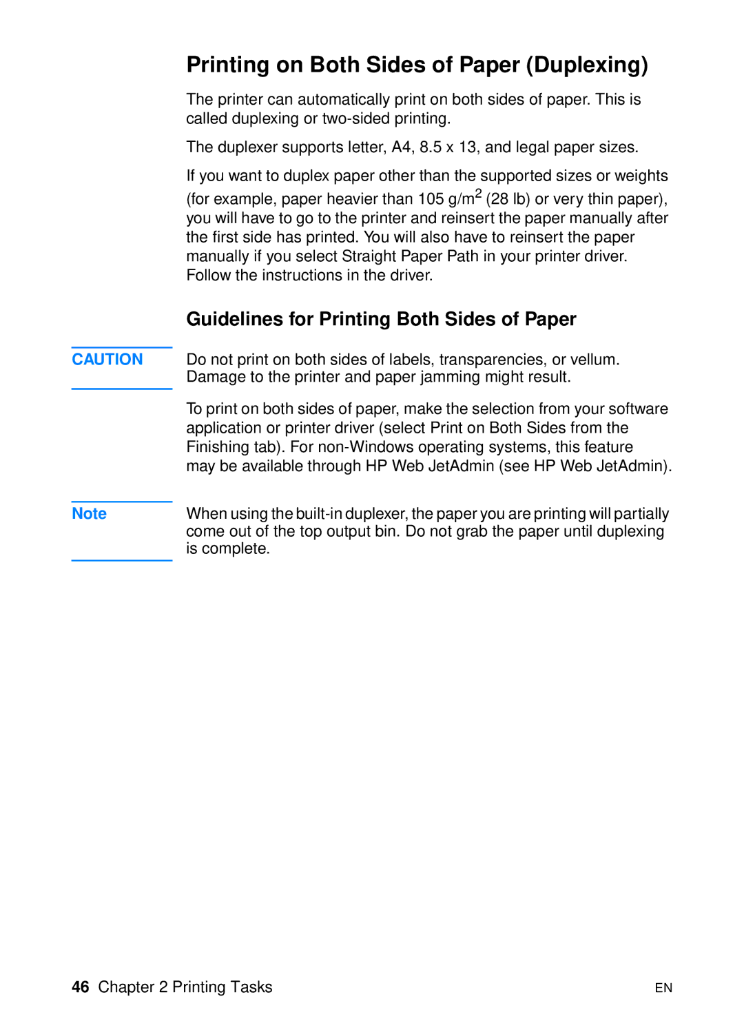 HP 2200 manual Printing on Both Sides of Paper Duplexing, Guidelines for Printing Both Sides of Paper 