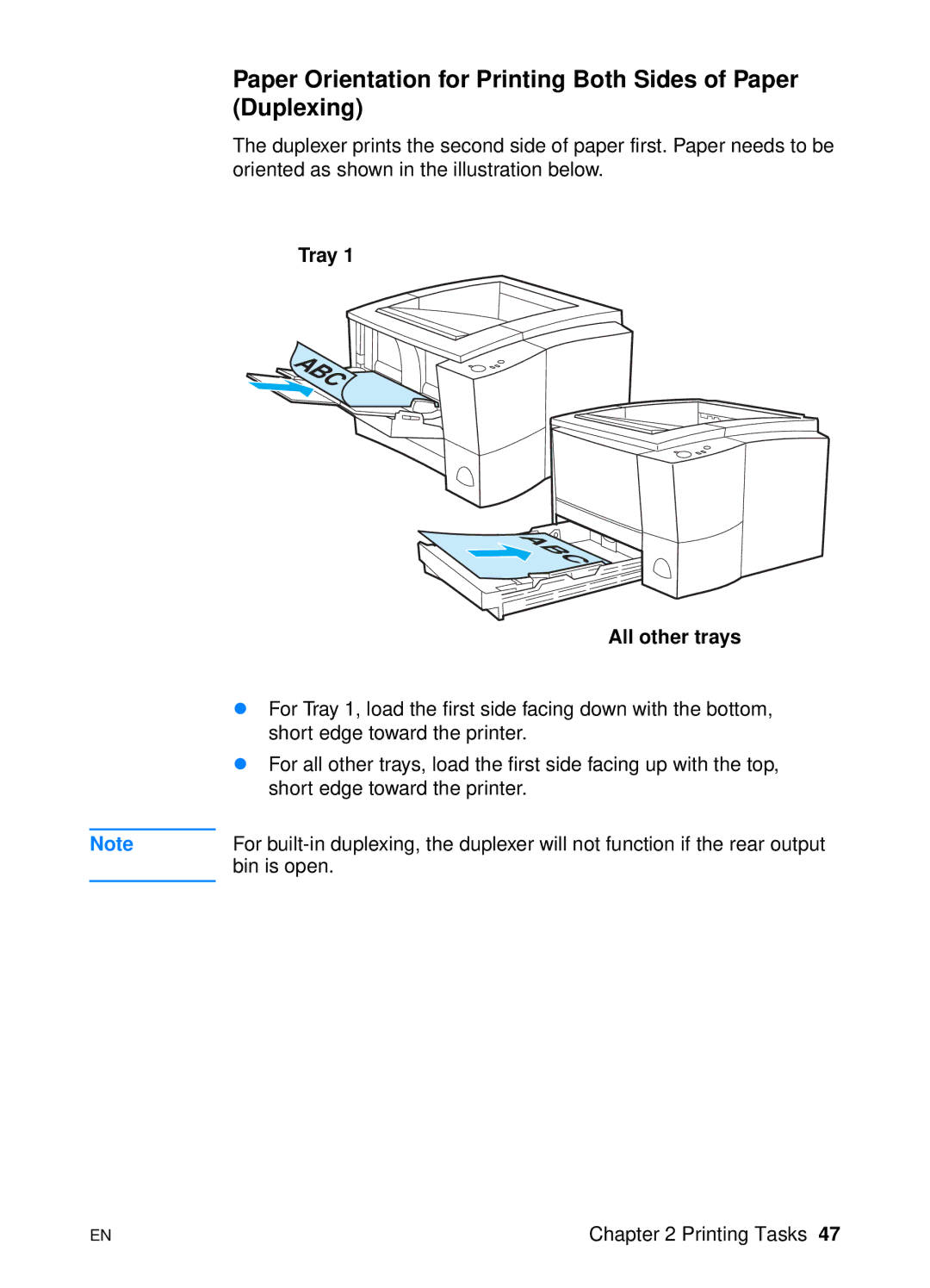 HP 2200 manual Paper Orientation for Printing Both Sides of Paper Duplexing, Tray All other trays 