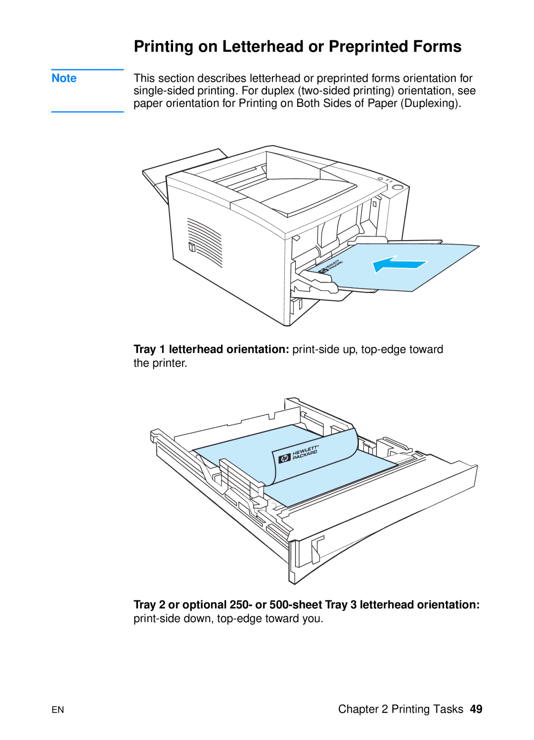 HP 2200 manual Printing on Letterhead or Preprinted Forms, Tray 1 letterhead orientation print-side up, top-edge toward 