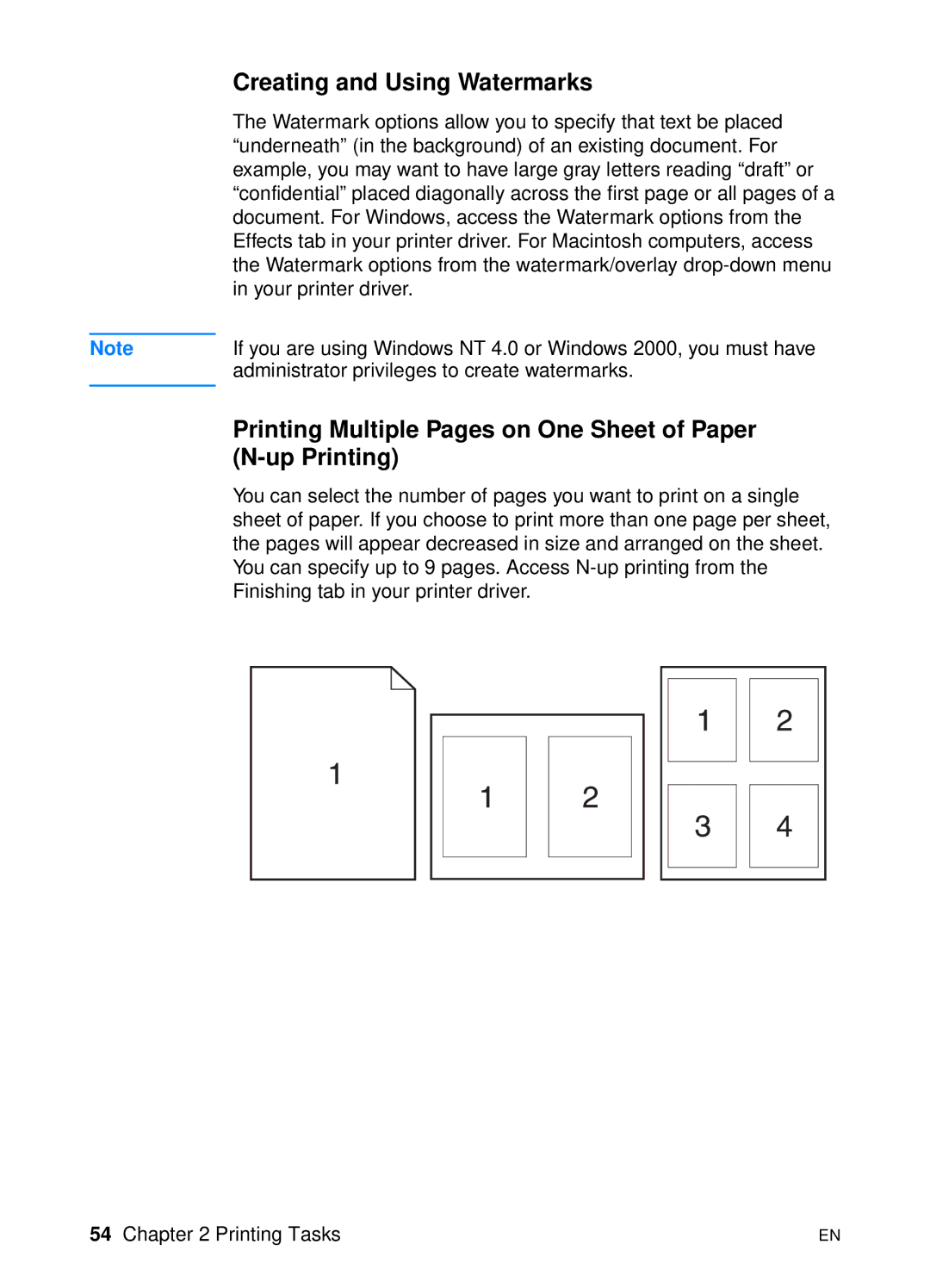 HP 2200 manual Creating and Using Watermarks, Printing Multiple Pages on One Sheet of Paper N-up Printing 