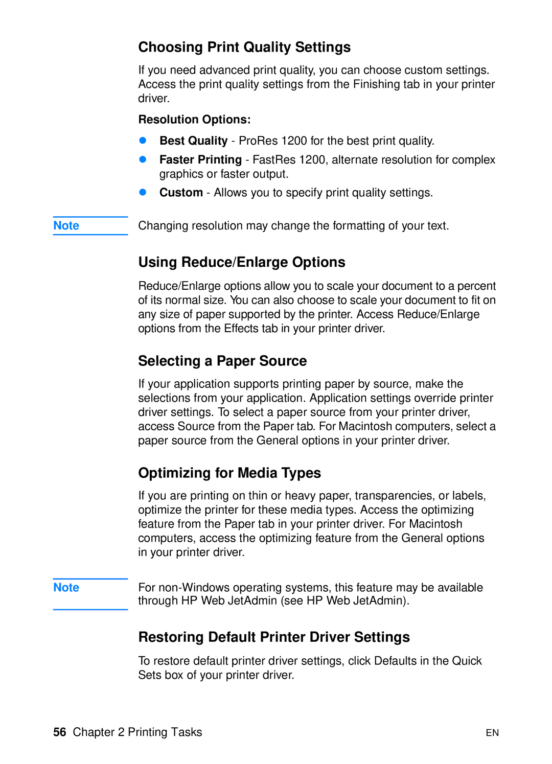 HP 2200 manual Choosing Print Quality Settings, Using Reduce/Enlarge Options, Selecting a Paper Source 