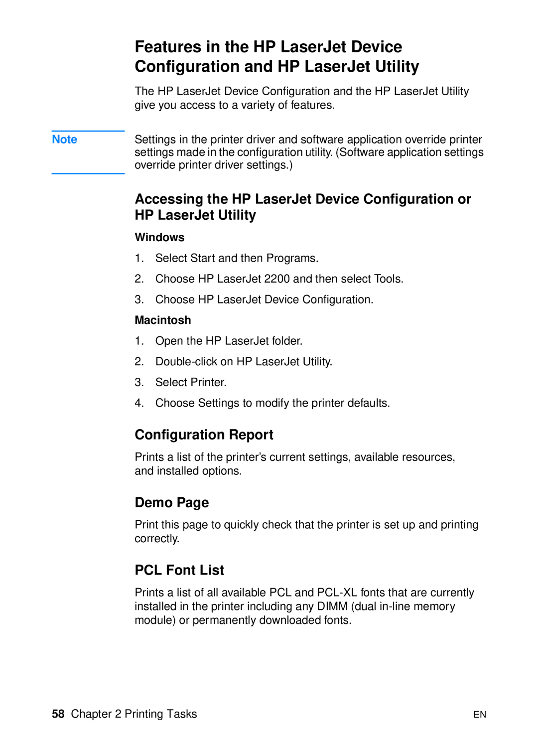 HP 2200 manual Features in the HP LaserJet Device, Configuration and HP LaserJet Utility 