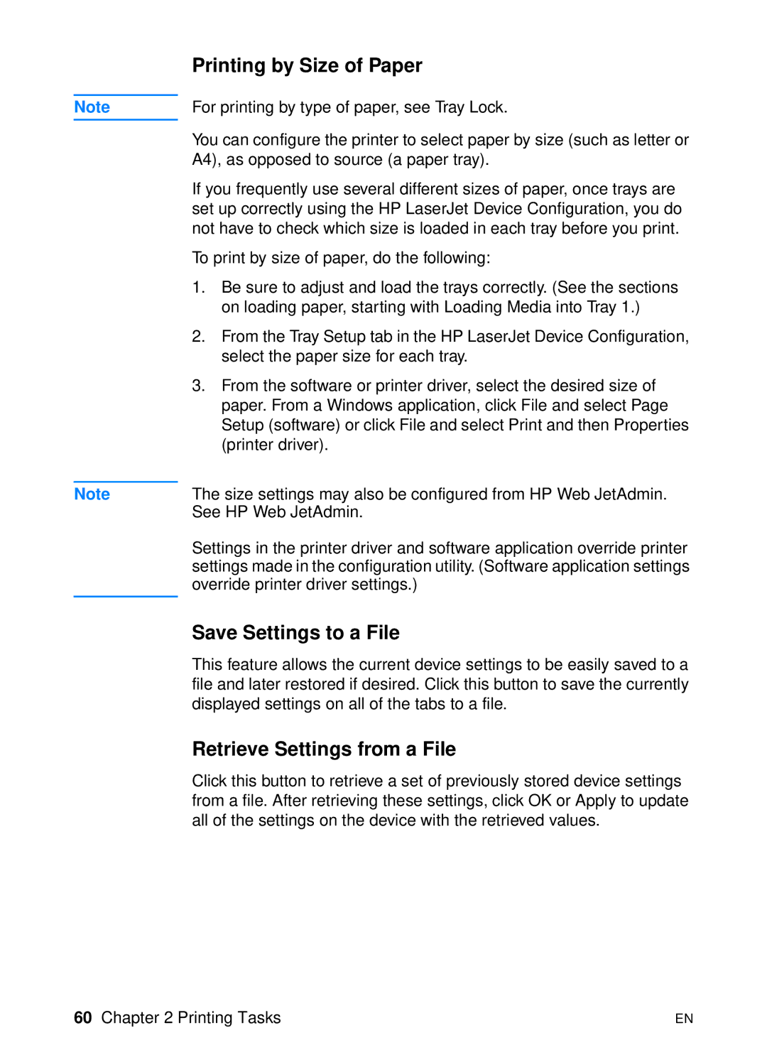 HP 2200 manual Printing by Size of Paper, Save Settings to a File, Retrieve Settings from a File 