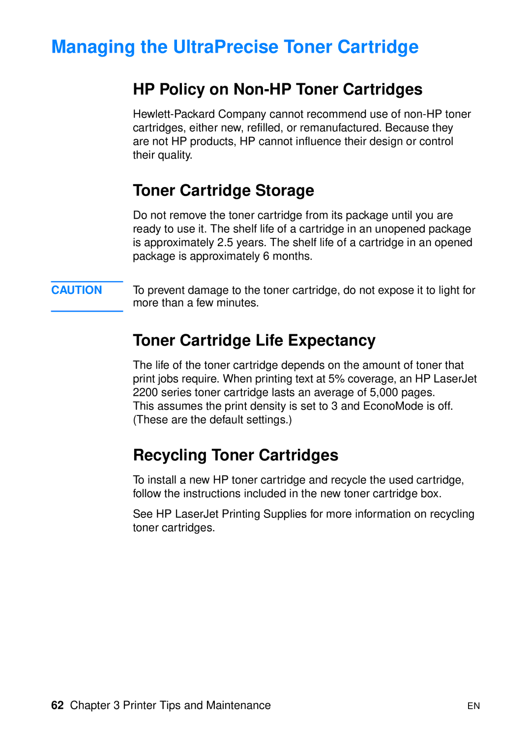 HP 2200 manual Managing the UltraPrecise Toner Cartridge, HP Policy on Non-HP Toner Cartridges, Toner Cartridge Storage 