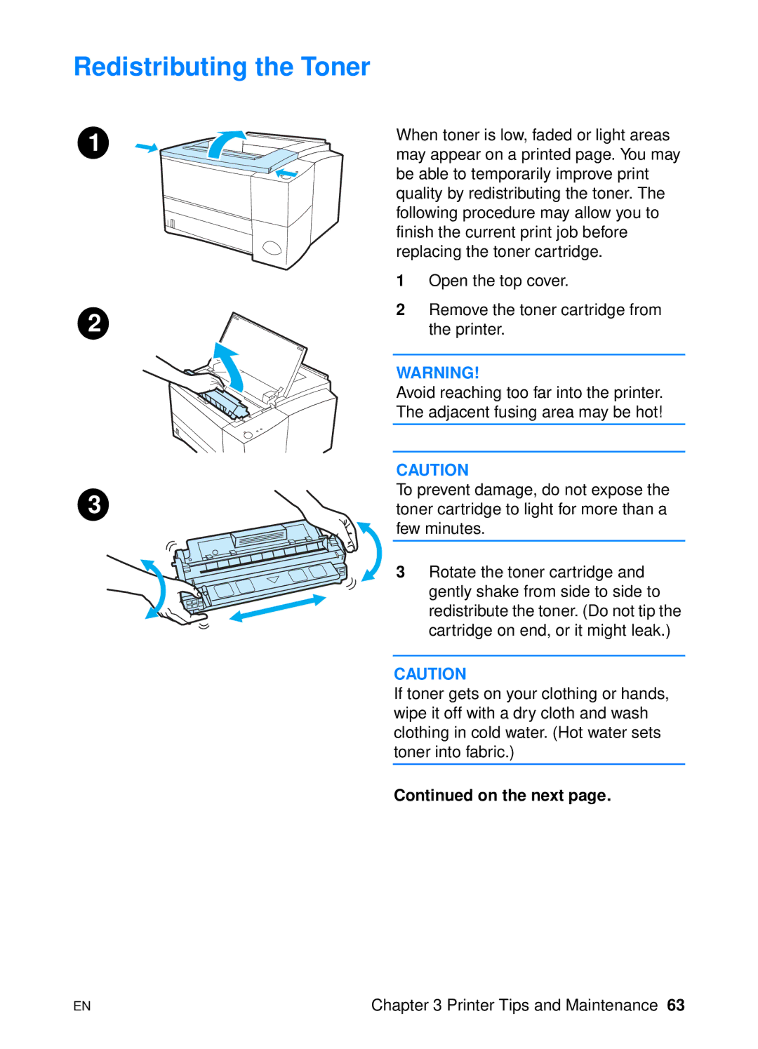 HP 2200 manual Redistributing the Toner, On the next 