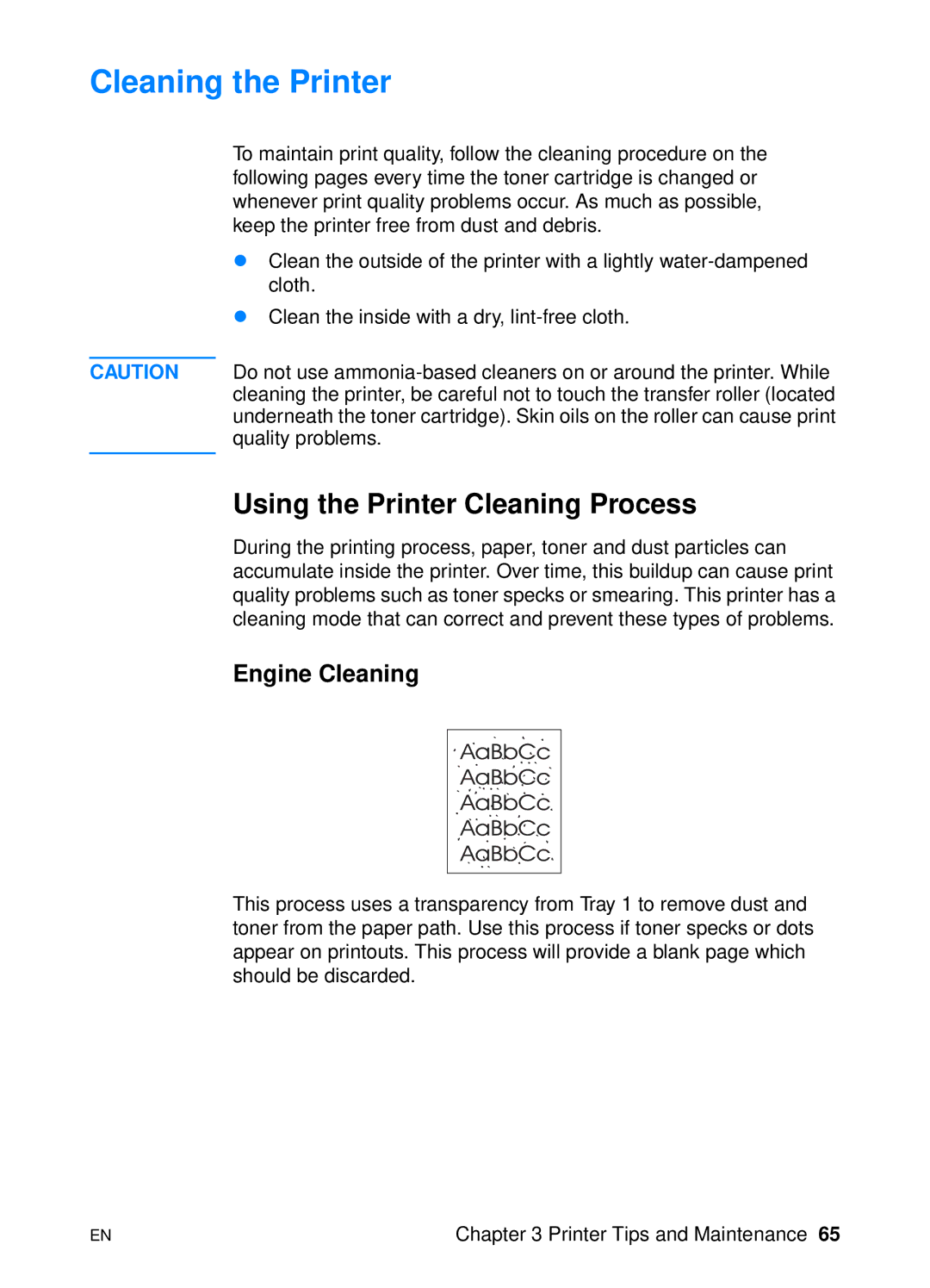 HP 2200 manual Cleaning the Printer, Using the Printer Cleaning Process, Engine Cleaning 