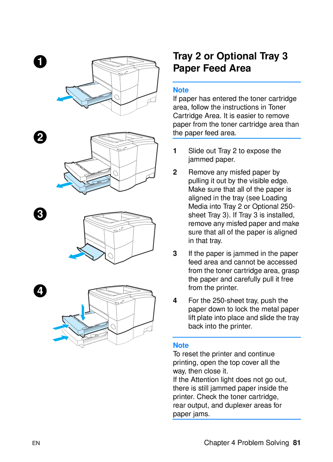 HP 2200 manual Tray 2 or Optional Tray 3 Paper Feed Area 