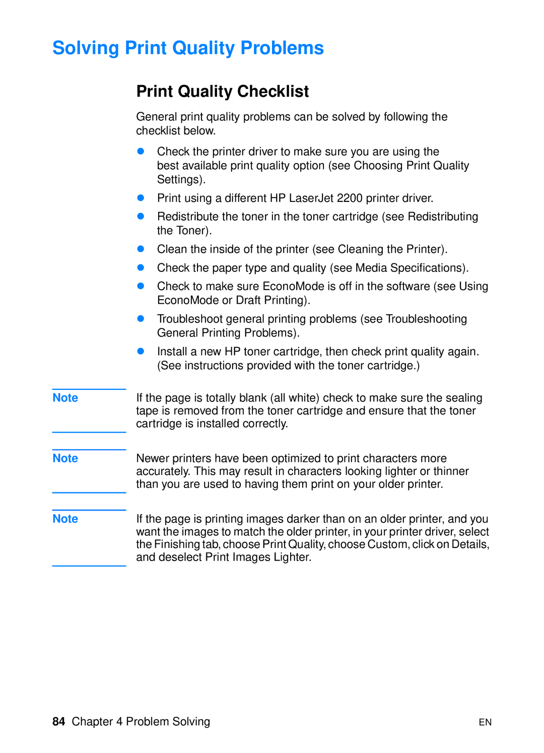 HP 2200 manual Solving Print Quality Problems, Print Quality Checklist 