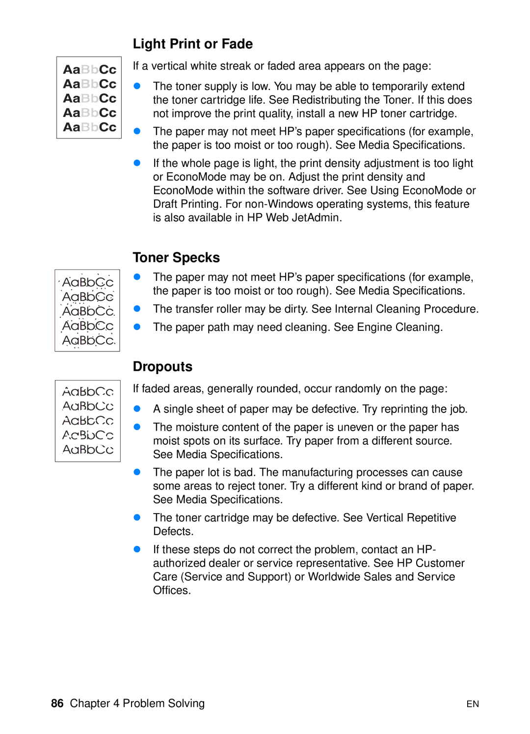 HP 2200 manual Light Print or Fade, Toner Specks, Dropouts 