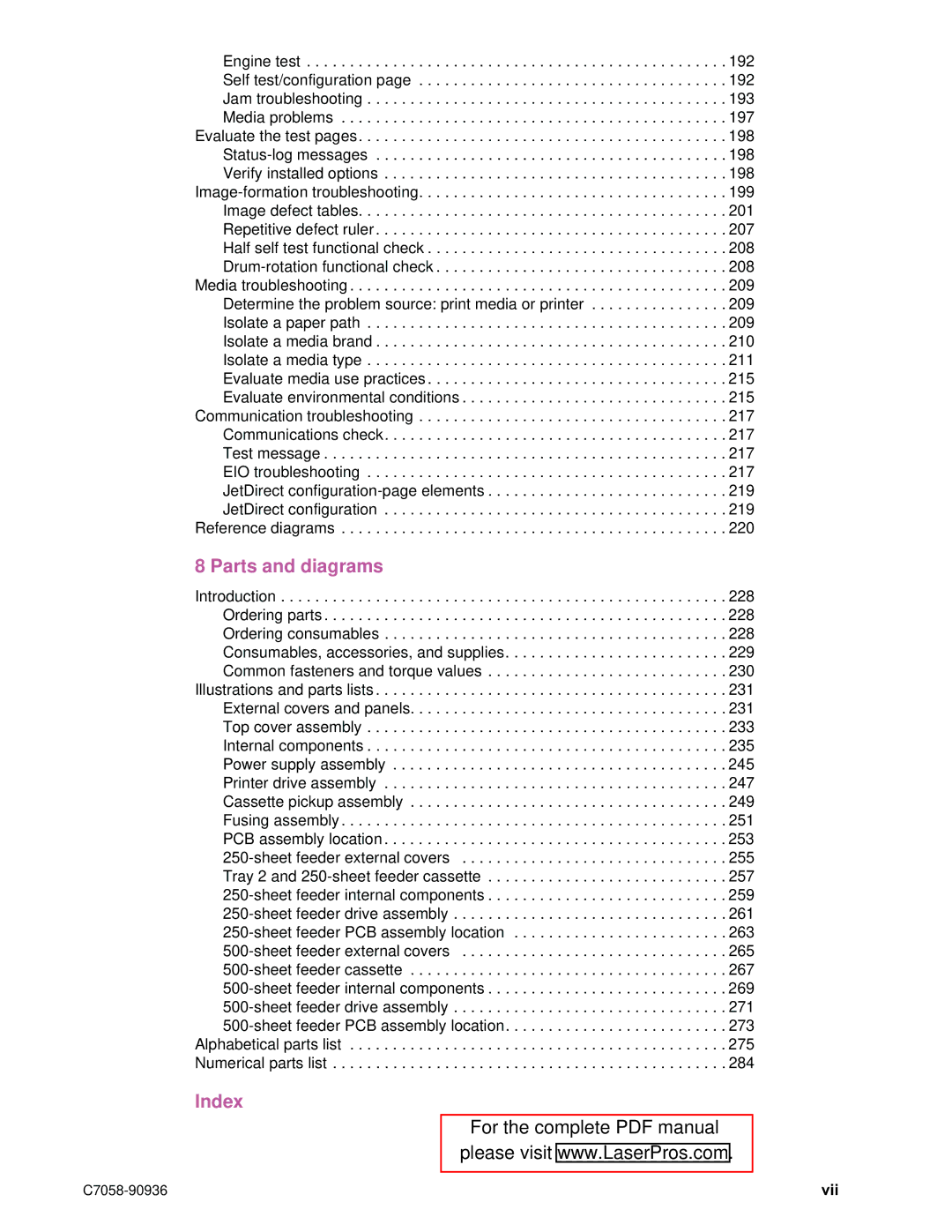 HP 2200 manual Parts and diagrams, Index 