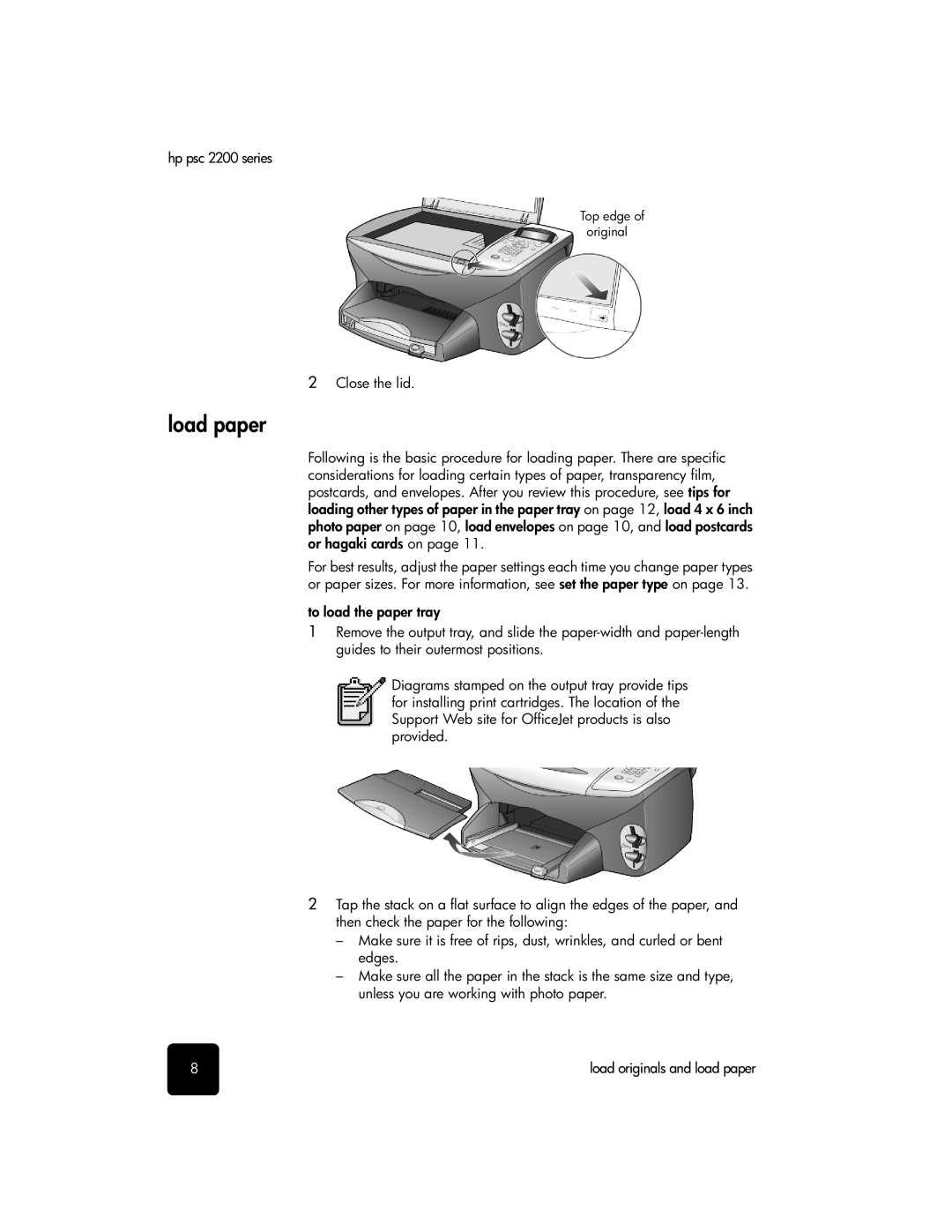 HP 2200 manual Load paper, Close the lid 