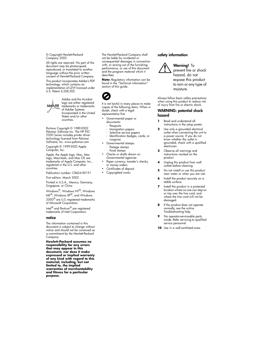 HP 2200 manual Safety information 