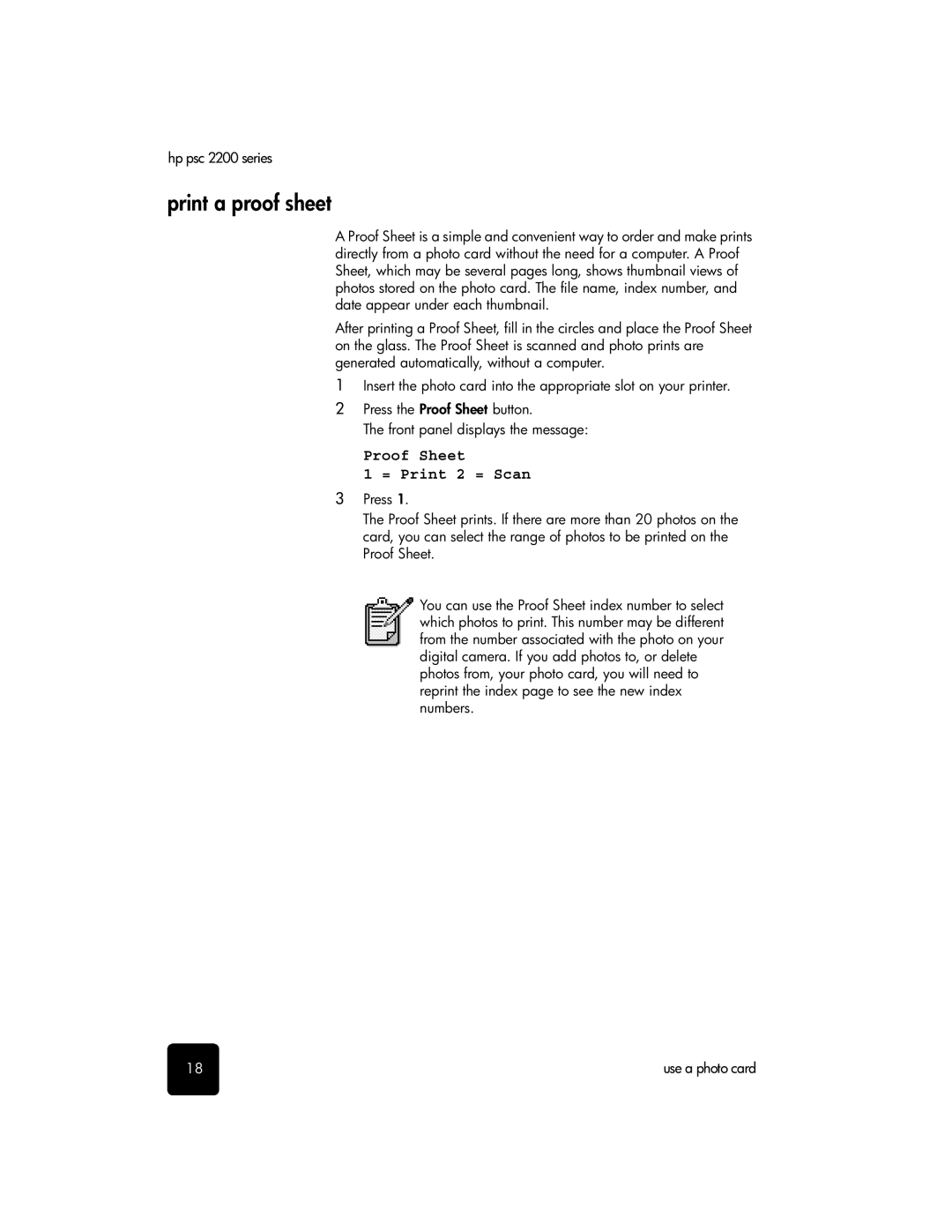 HP 2200 manual Print a proof sheet, Proof Sheet = Print 2 = Scan 