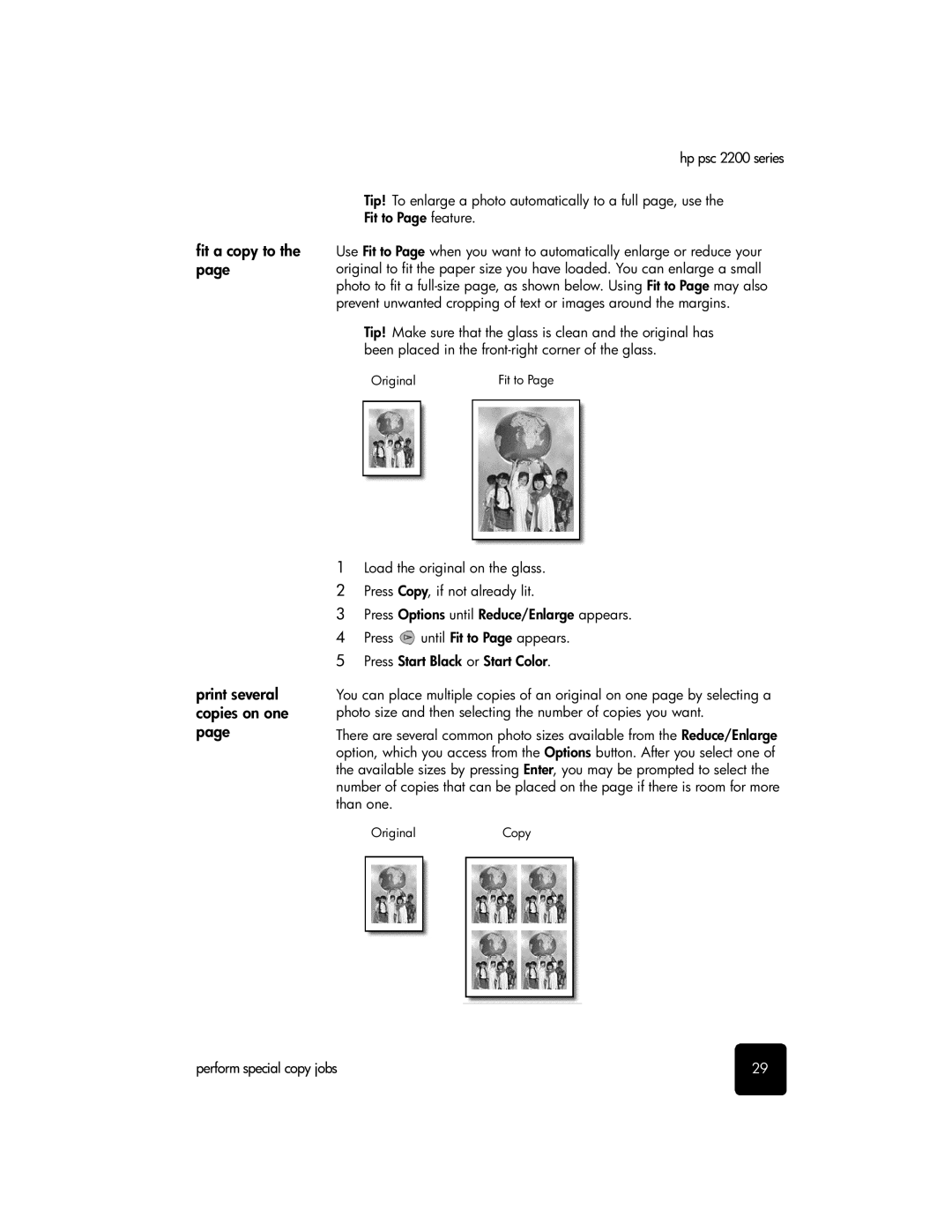 HP 2200 manual Fit a copy to, Print several copies on one, Perform special copy jobs 