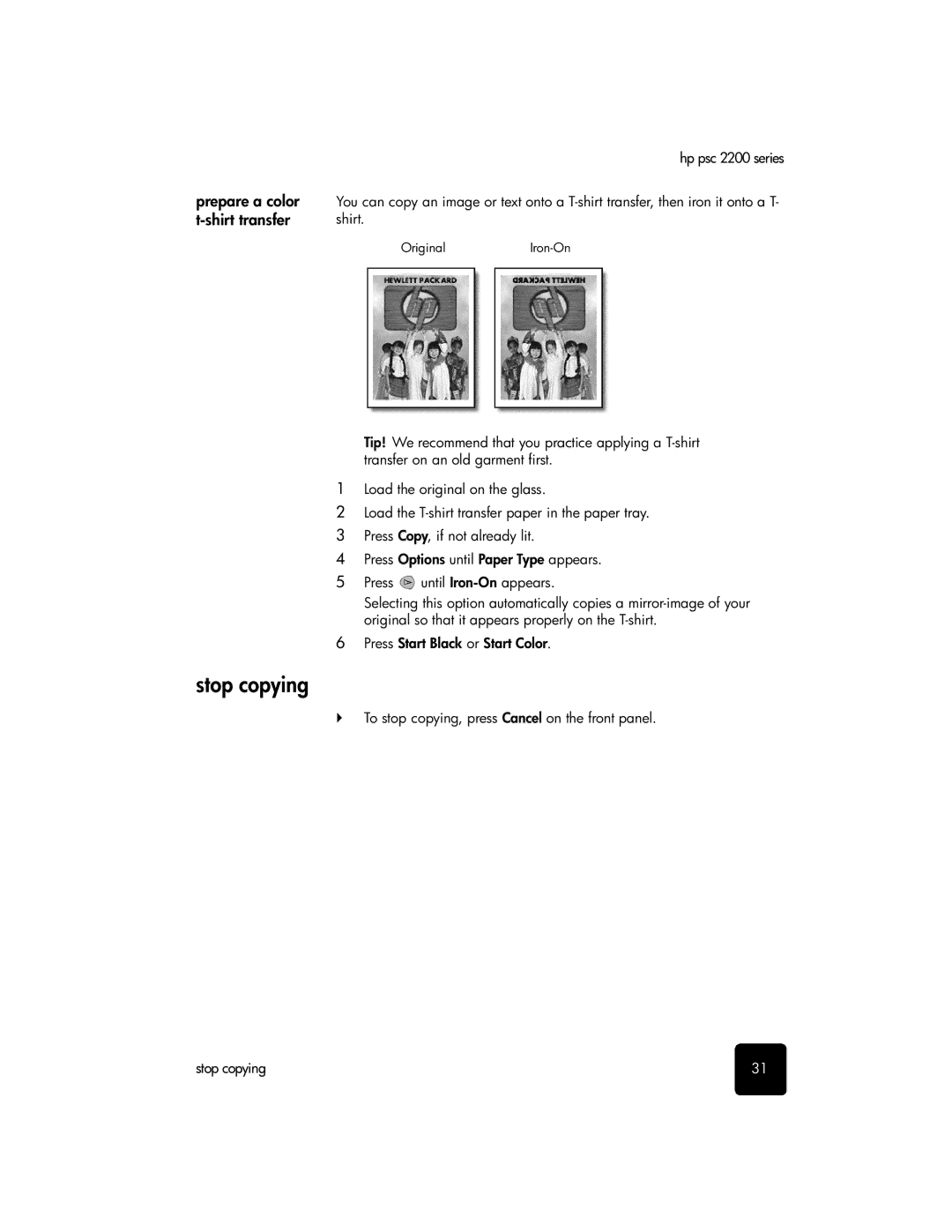 HP 2200 manual Stop copying, Prepare a color t-shirt transfer 