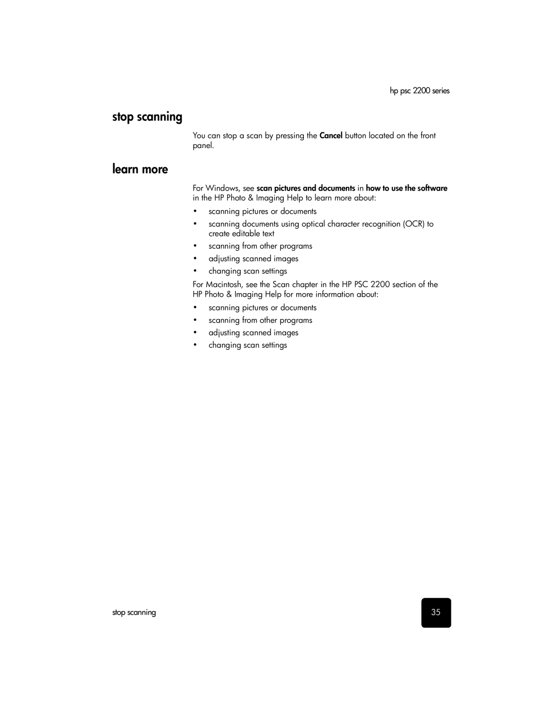 HP 2200 manual Stop scanning, Learn more 