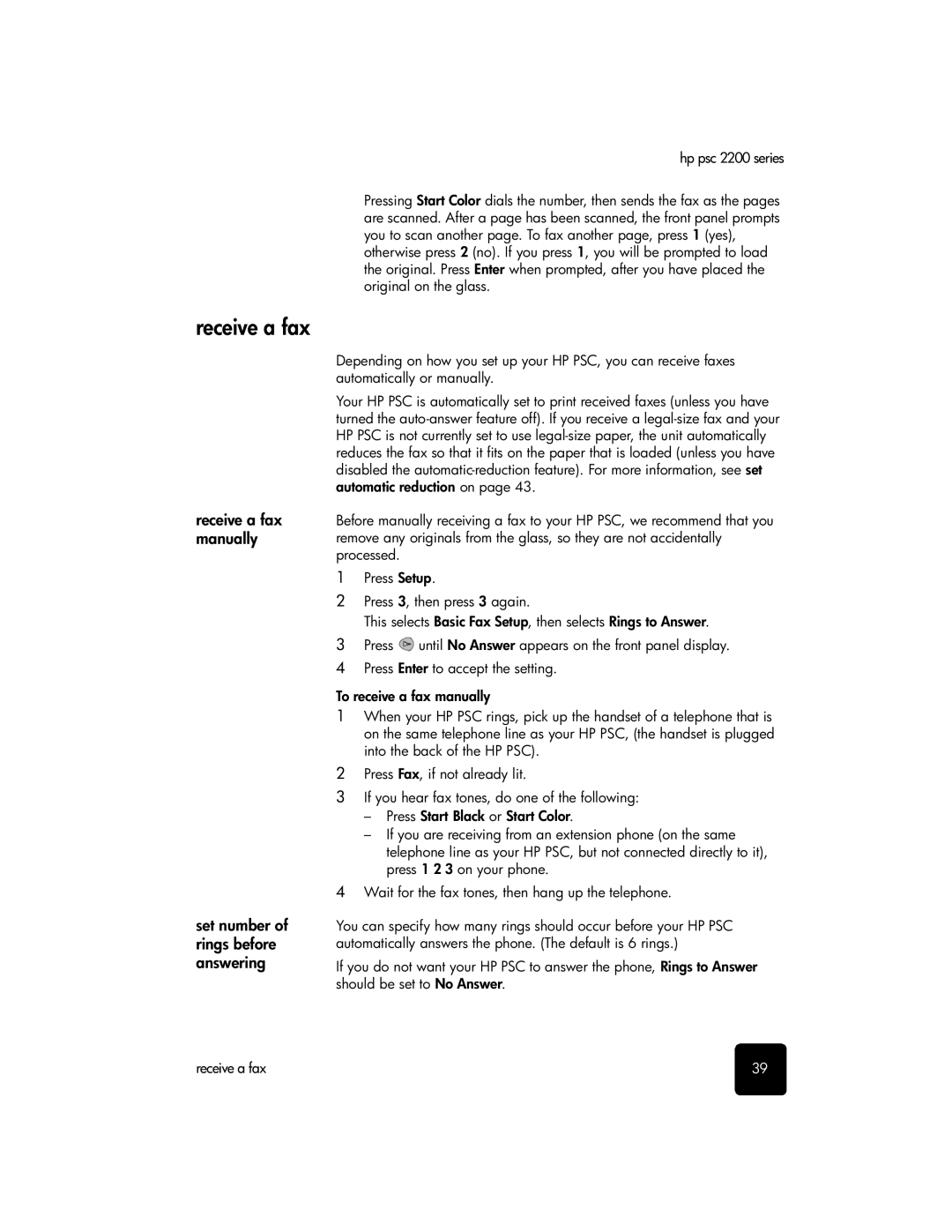 HP 2200 Receive a fax manually Set number of rings before answering 