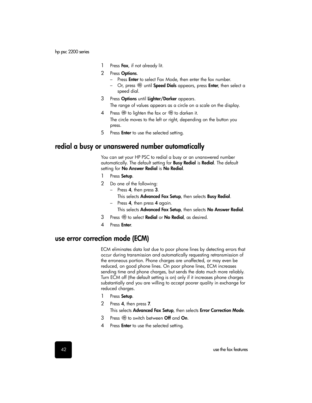 HP 2200 manual Redial a busy or unanswered number automatically, Use error correction mode ECM 