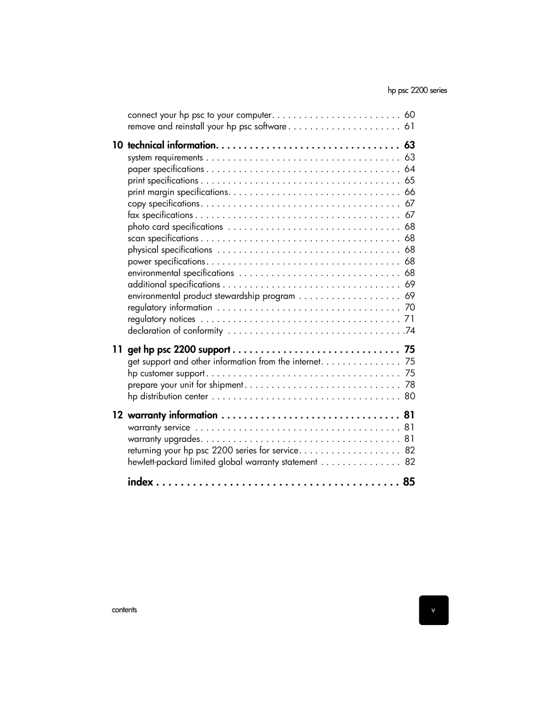 HP 2200 manual Index, Technical information 