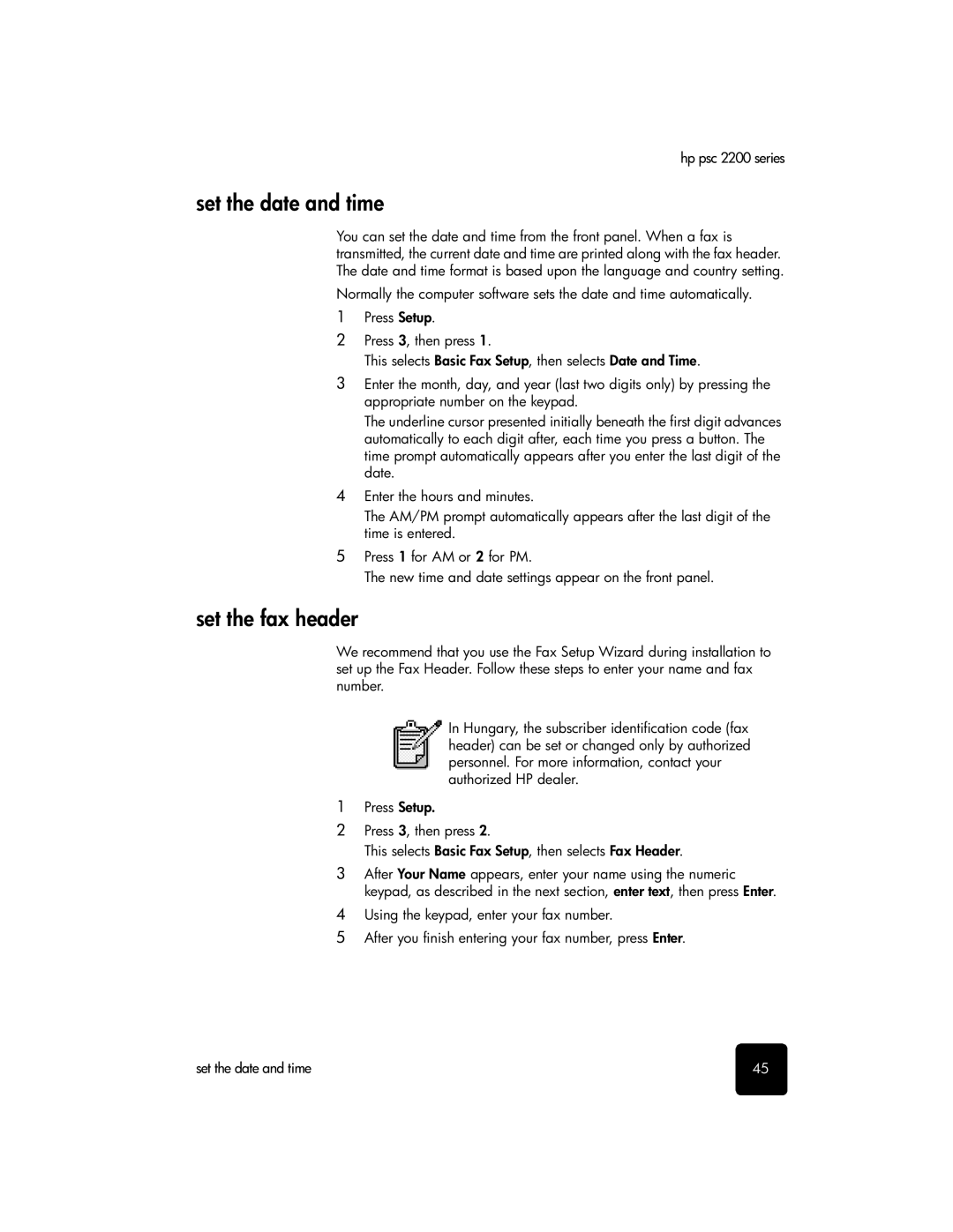 HP 2200 manual Set the date and time, Set the fax header 