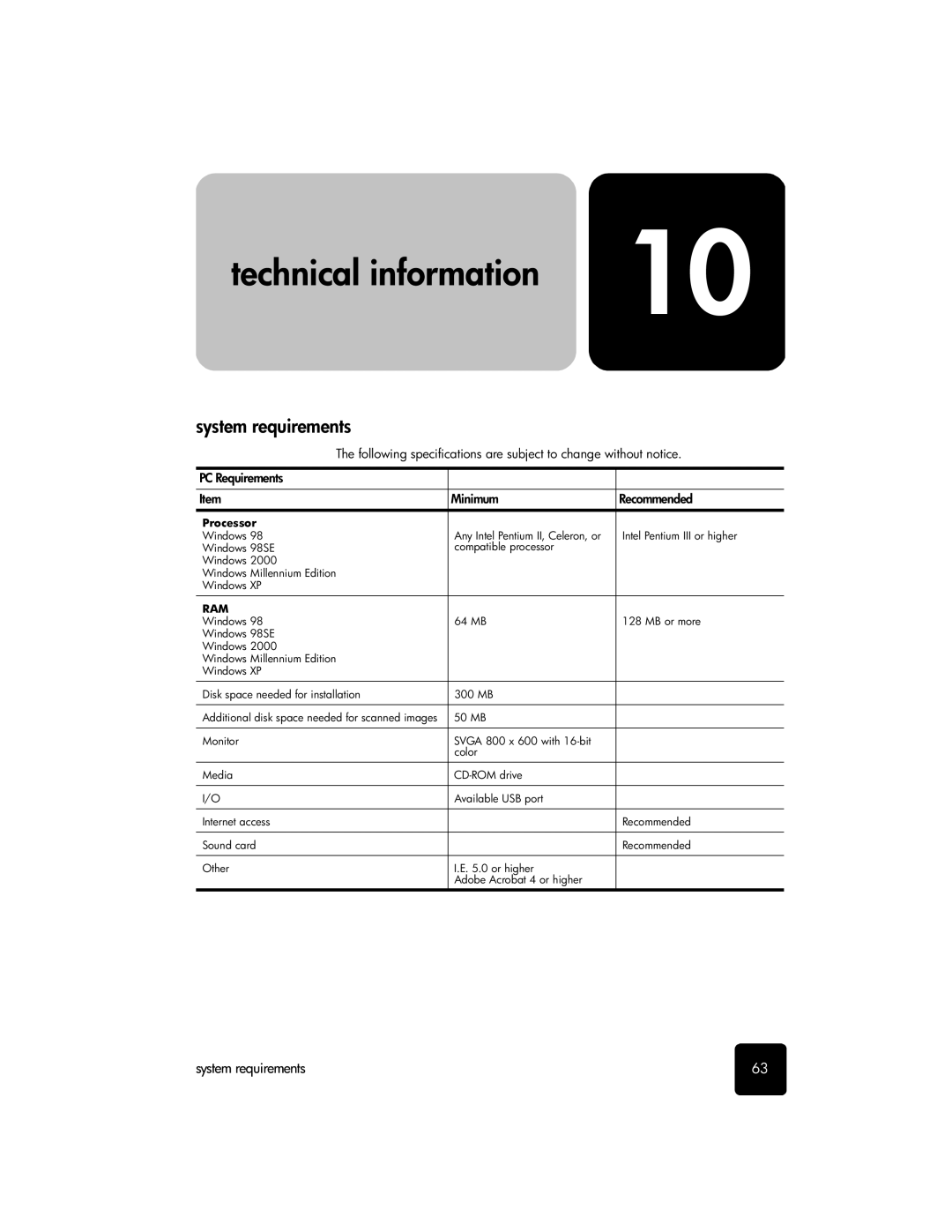 HP 2200 manual Technical information, System requirements 