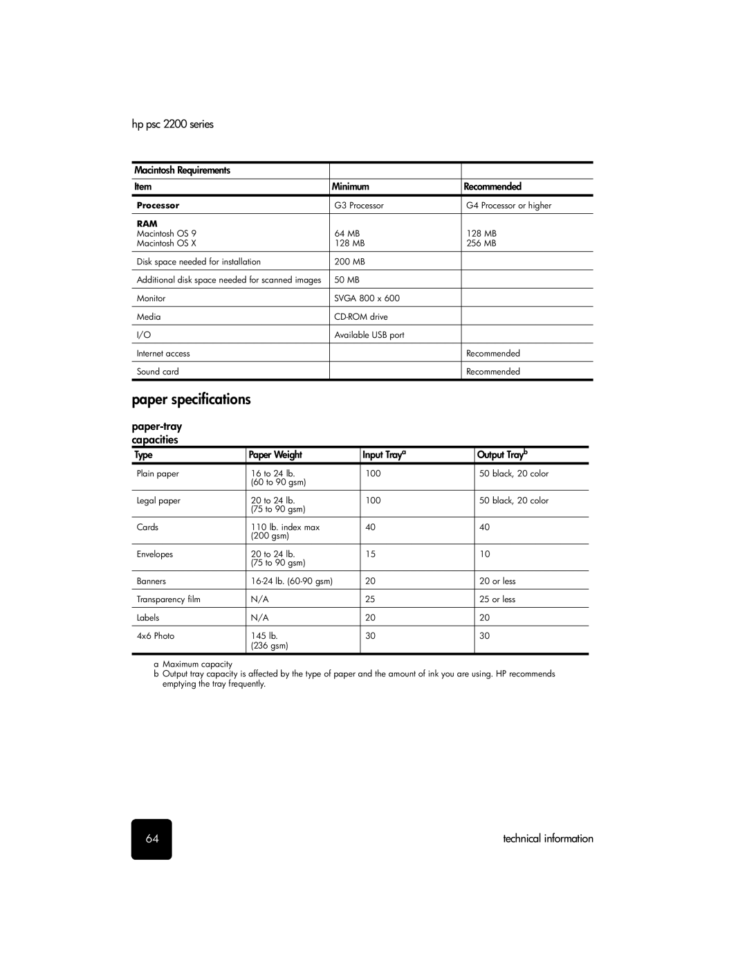 HP 2200 manual Paper specifications, Paper-tray capacities 