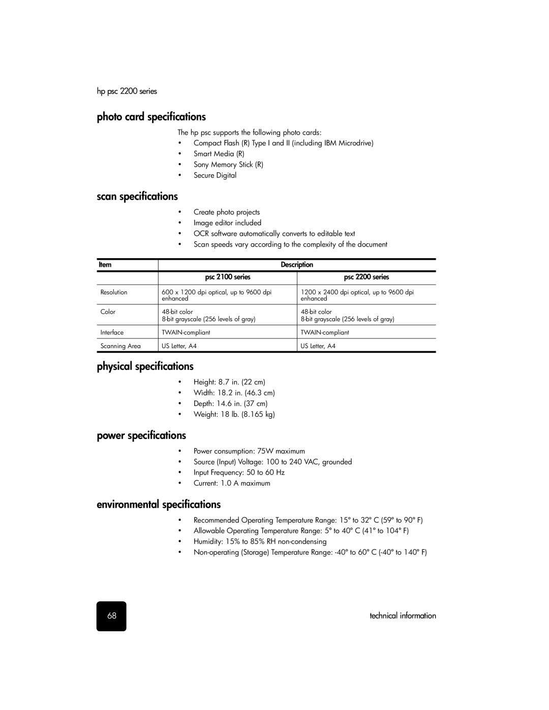 HP 2200 manual Photo card specifications, Scan specifications, Physical specifications, Power specifications 