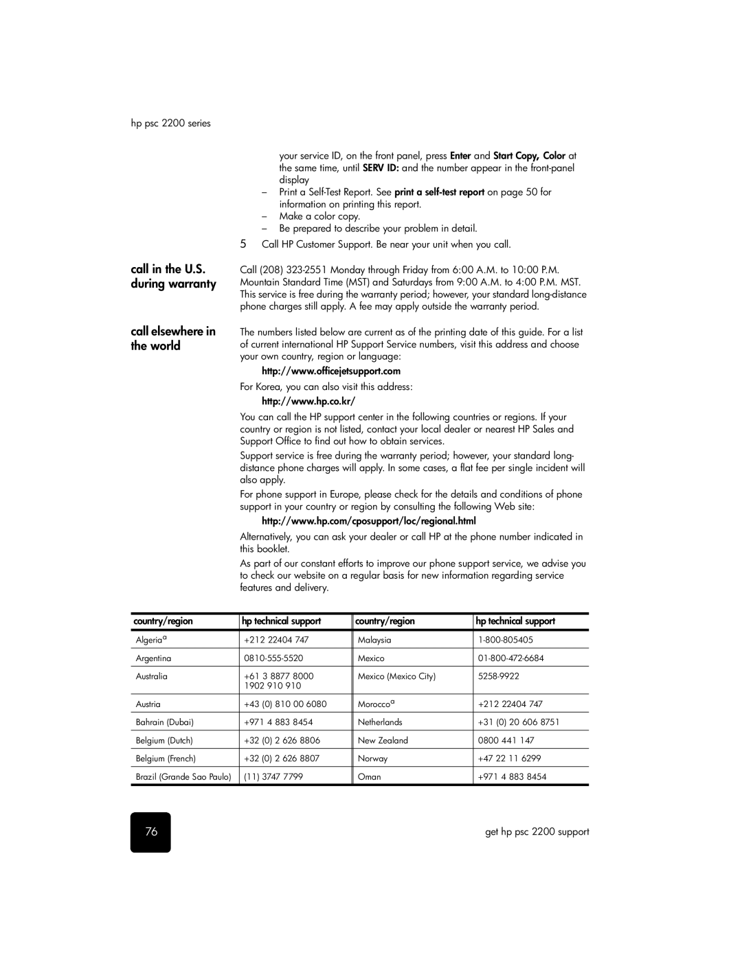 HP 2200 manual Call in the U.S. during warranty Call elsewhere in the world 