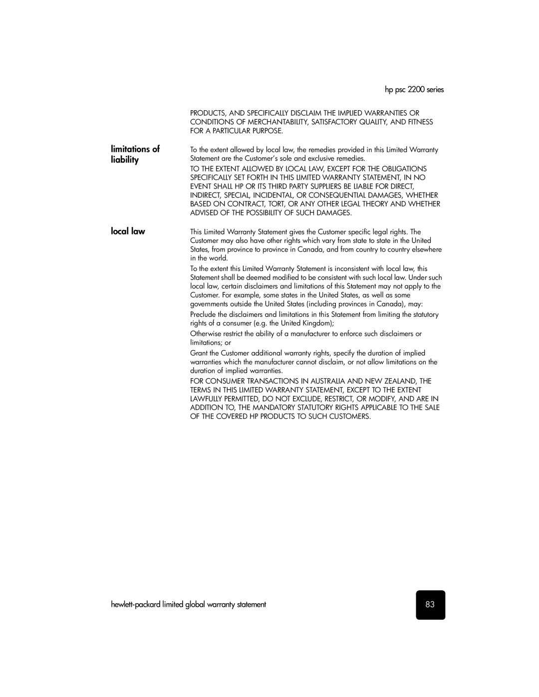 HP 2200 manual Limitations of liability Local law, Hewlett-packard limited global warranty statement 