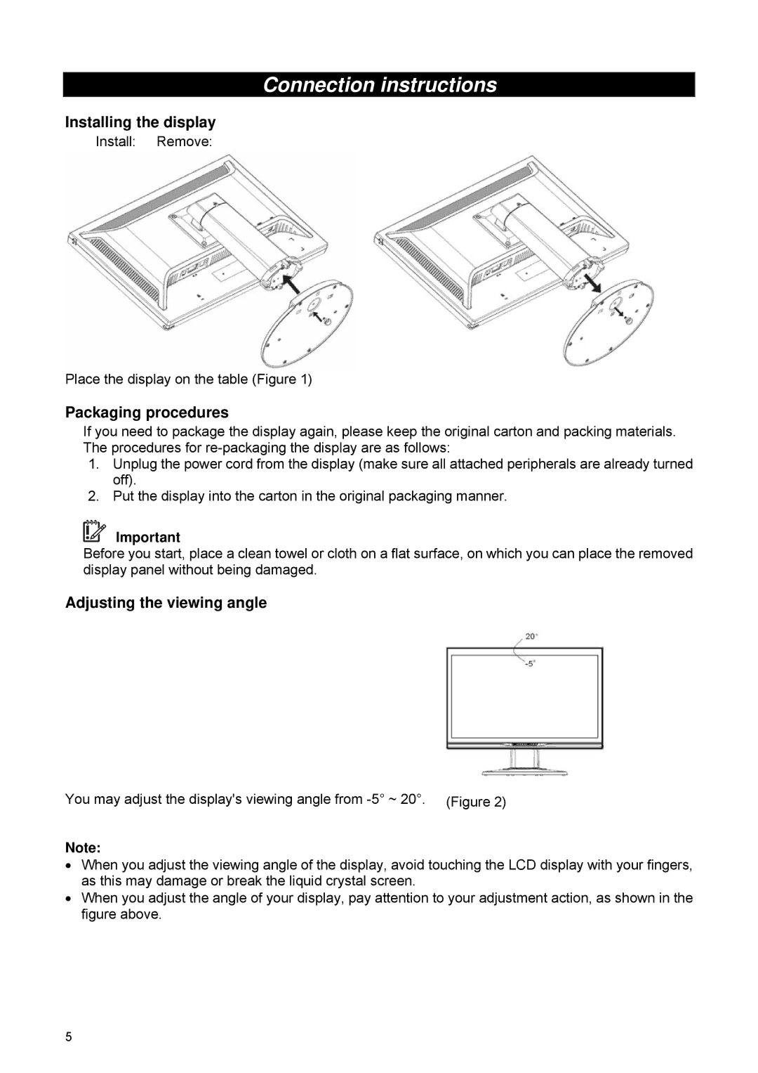 HP 2209T manual Connection instructions, Installing the display, Packaging procedures, Adjusting the viewing angle 