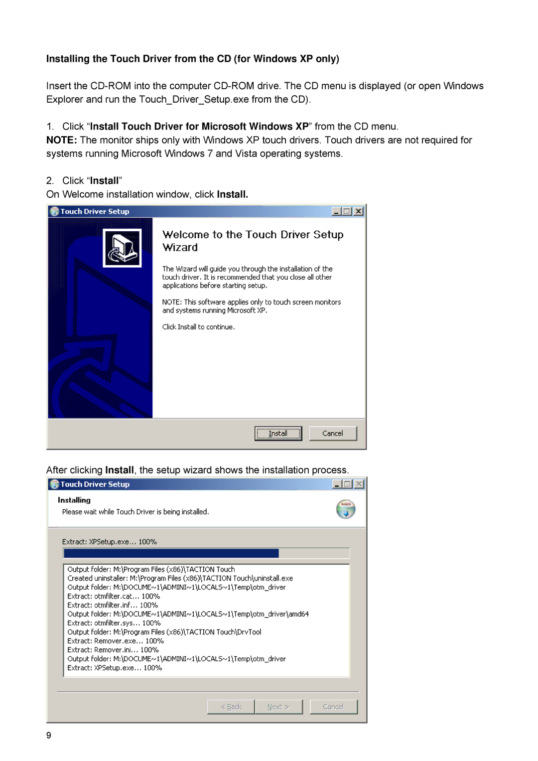 HP 2209T manual Installing the Touch Driver from the CD for Windows XP only 