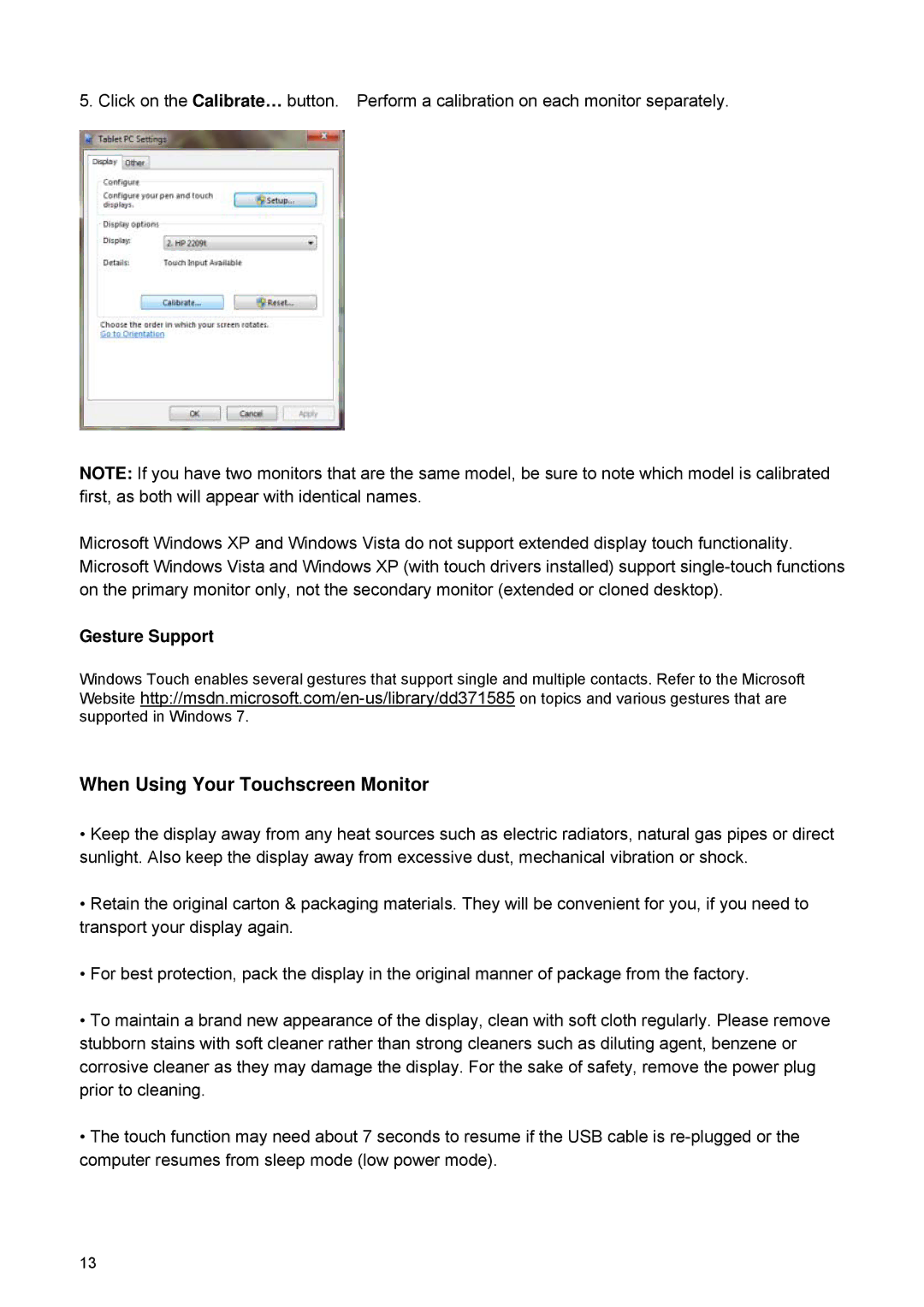 HP 2209T manual When Using Your Touchscreen Monitor, Gesture Support 