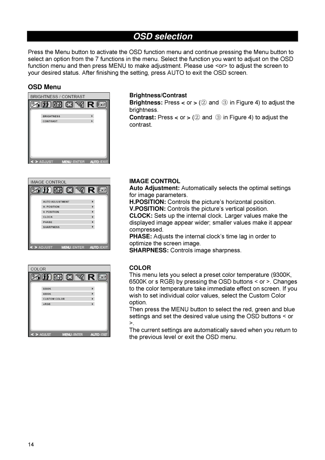 HP 2209T manual OSD selection, OSD Menu, Brightness/Contrast 