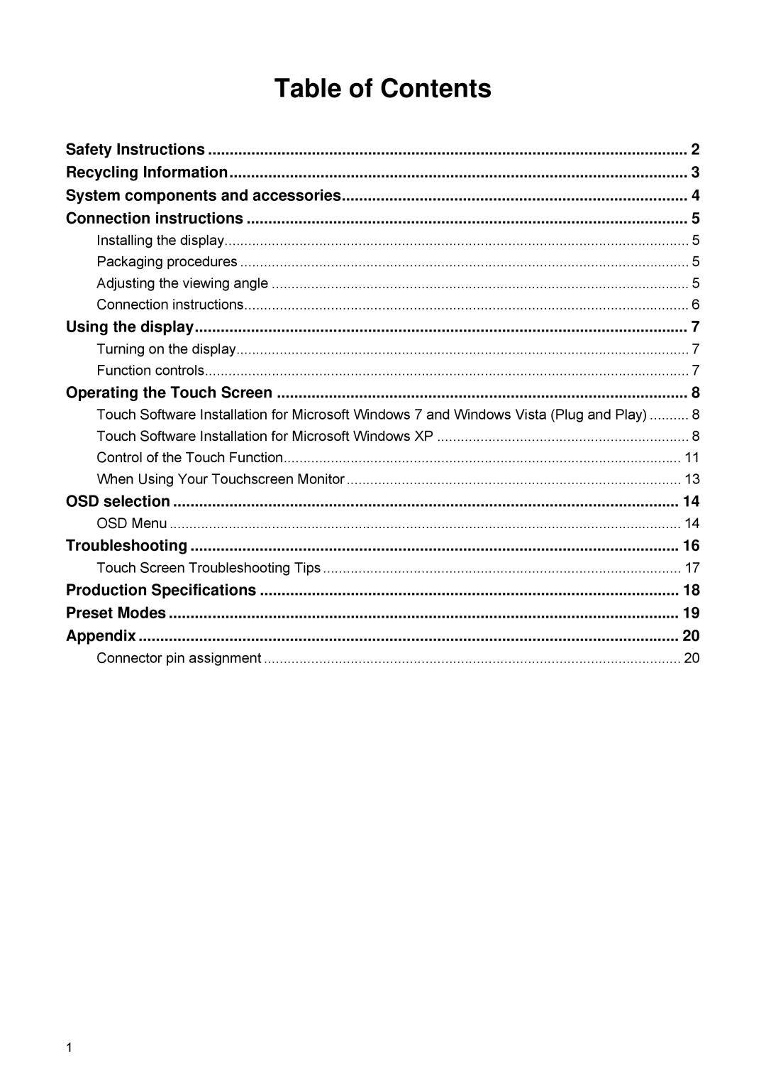 HP 2209T manual Table of Contents 