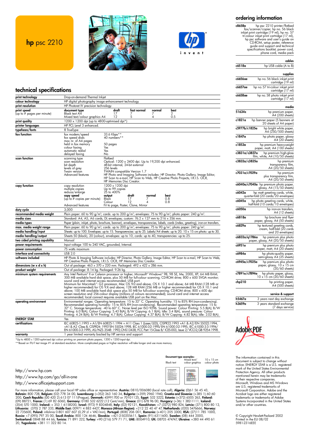 HP 2210 manual Hp psc, Technical specifications, Ordering information, Energy Star 