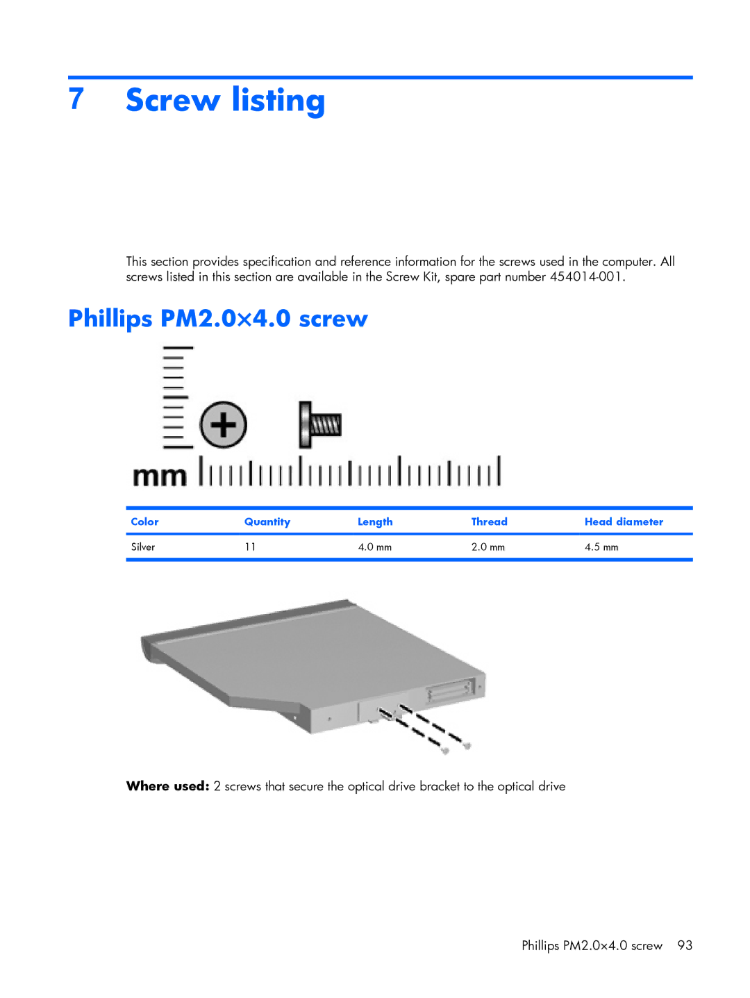 HP 2210B manual Screw listing, Phillips PM2.0×4.0 screw, Color Quantity Length Thread Head diameter Silver 