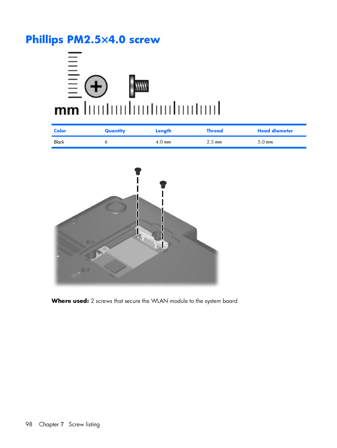 HP 2210B manual Phillips PM2.5×4.0 screw, Color Quantity Length Thread Head diameter Black 